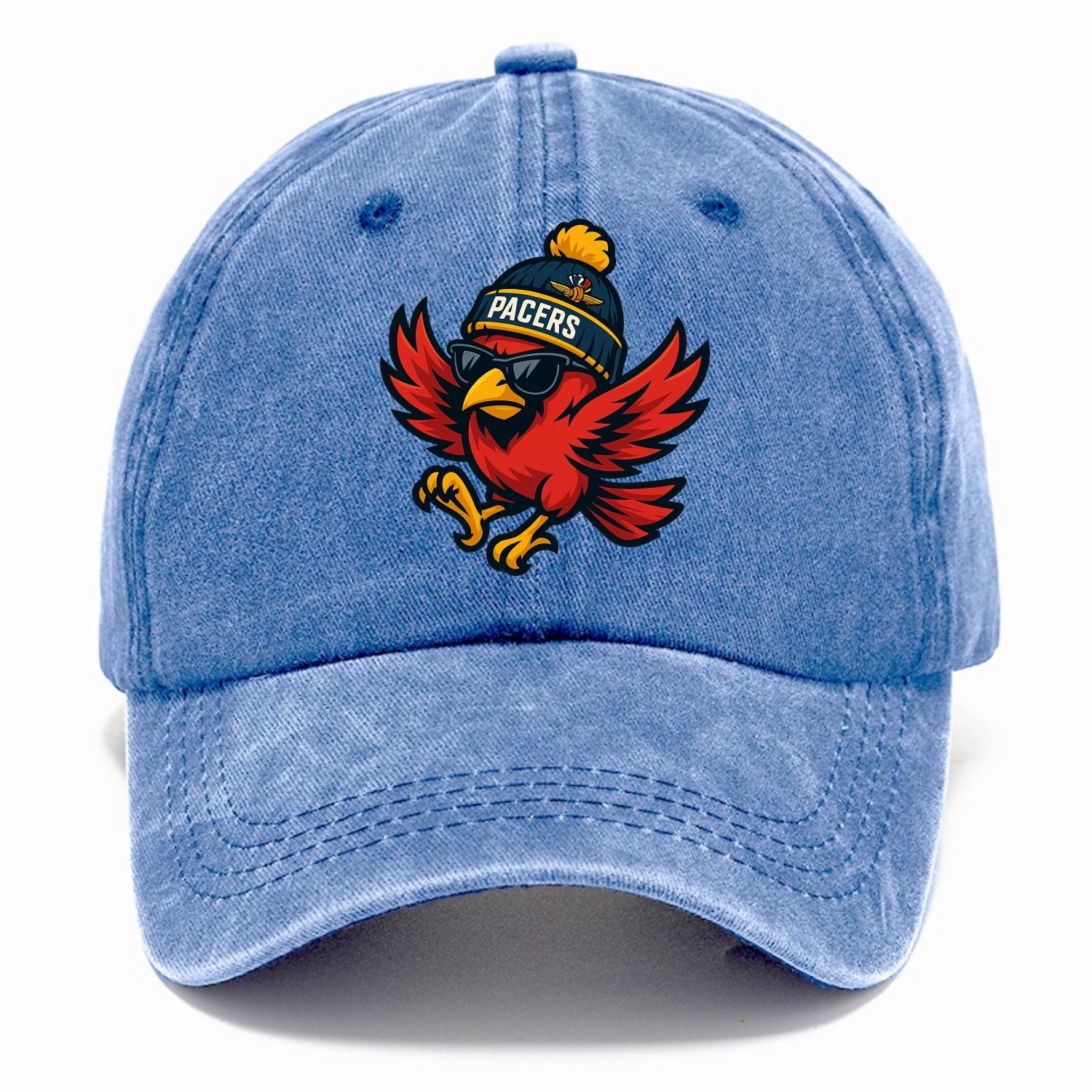 Indiana Cardinal wearing Pacers beanie with speedway patch and wayfarer sunglasses - Classic Cap - Summer Sky(Blue)