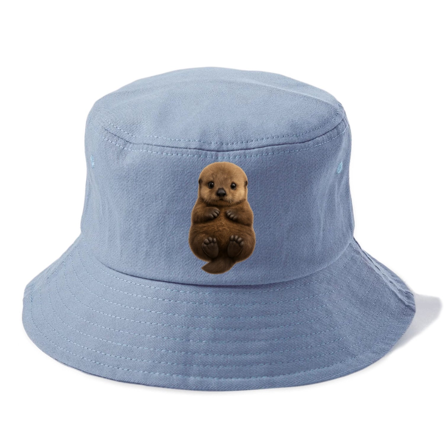 Baby Sea Otter - brown fluffy, floating on back, tiny paws, bright eyes, front-facing, - Bucket Hat - Summer Sky(Blue)