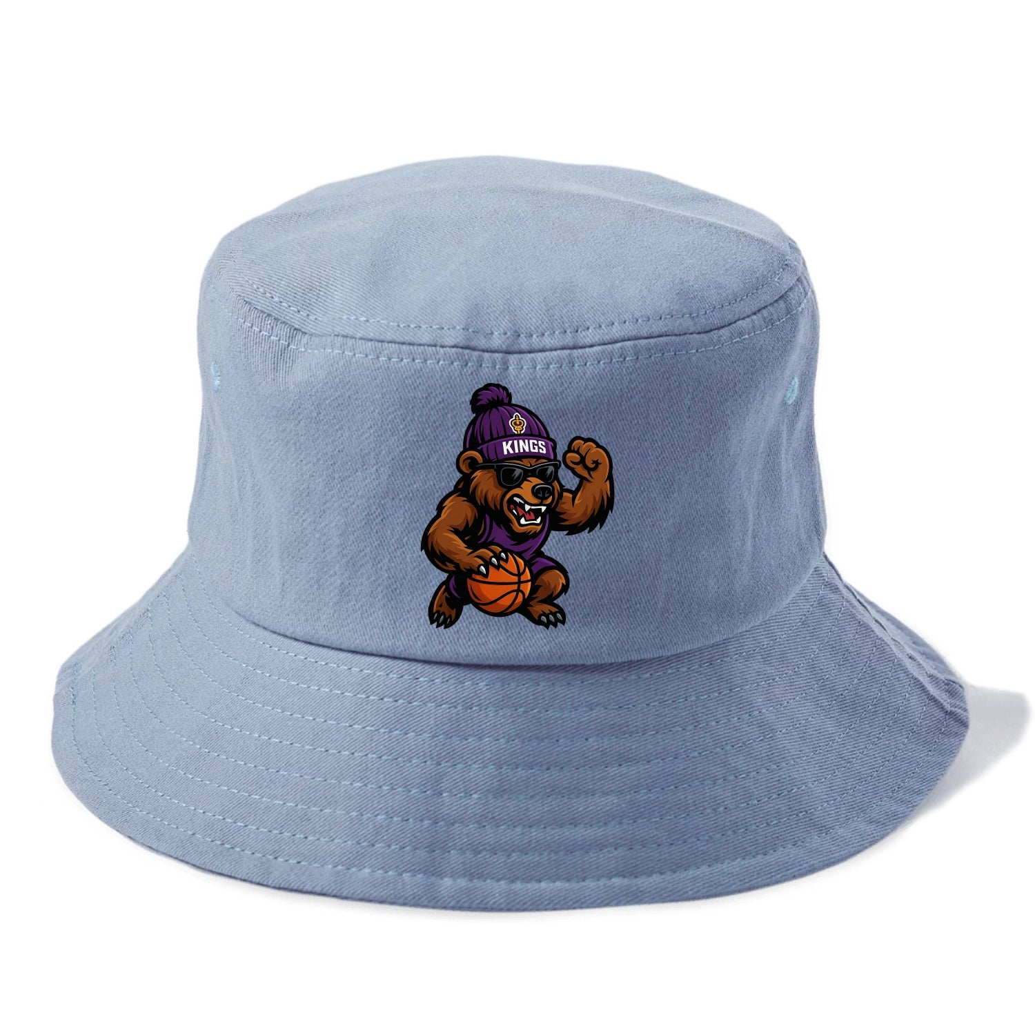 California Grizzly wearing Kings beanie with royal scepter patch and wayfarer - Bucket Hat - Summer Sky(Blue)