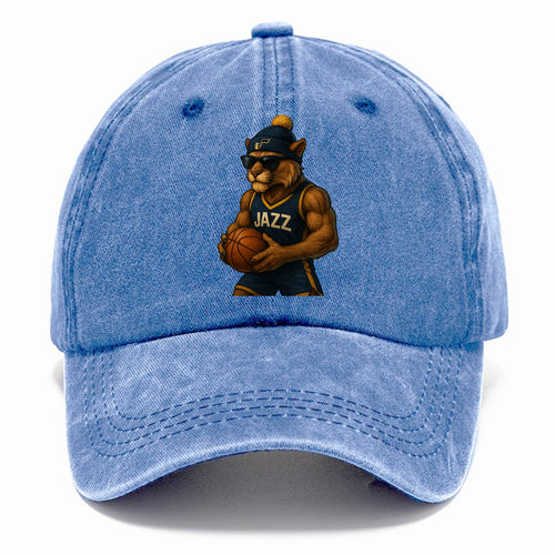 Utah Mountain Lion wearing Jazz navy and yellow beanie with music note and wayfarer - Classic Cap