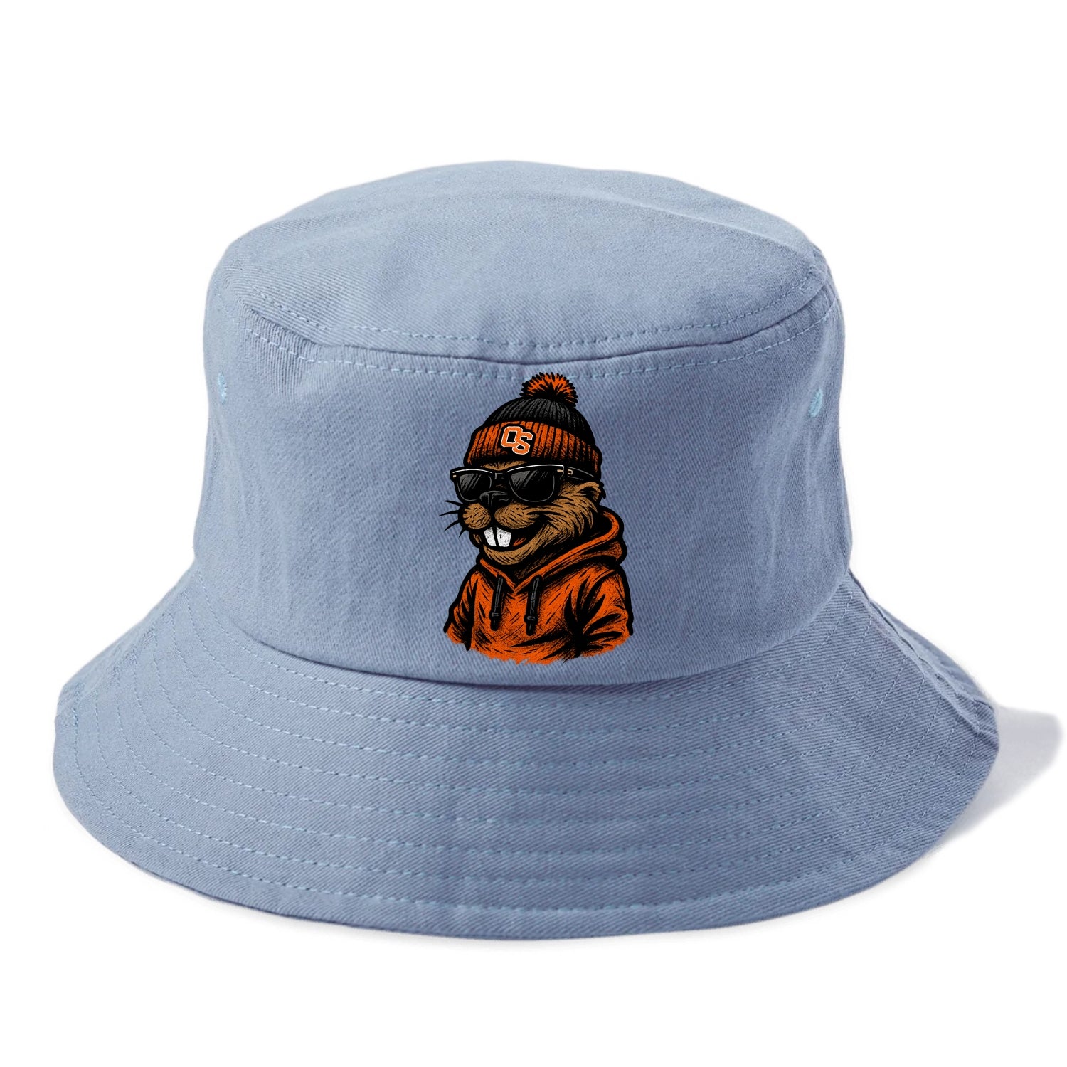 Corvallis Beaver wearing Oregon State beanie with OS patch - Bucket Hat - Summer Sky(Blue)