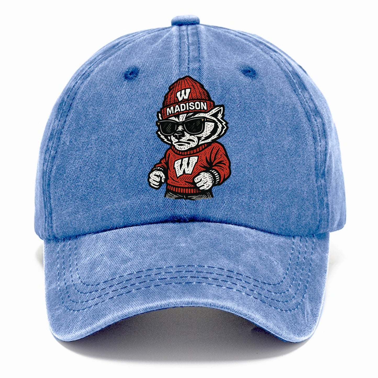 Madison Badger wearing Wisconsin beanie with motion W patch - Classic Cap - Summer Sky(Blue)