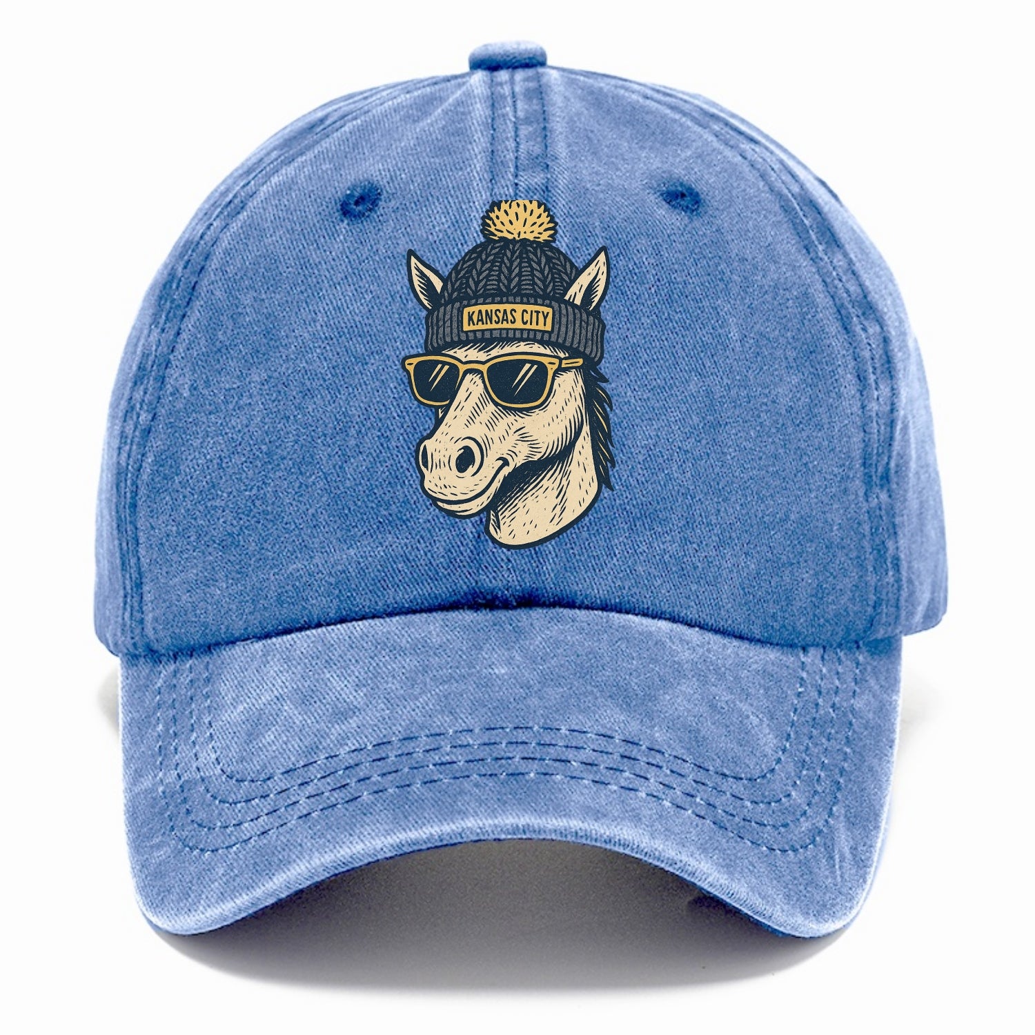 Missouri Mule wearing Kansas City beanie with pom pom and wayfarer sunglasses - Classic Cap - Summer Sky(Blue)
