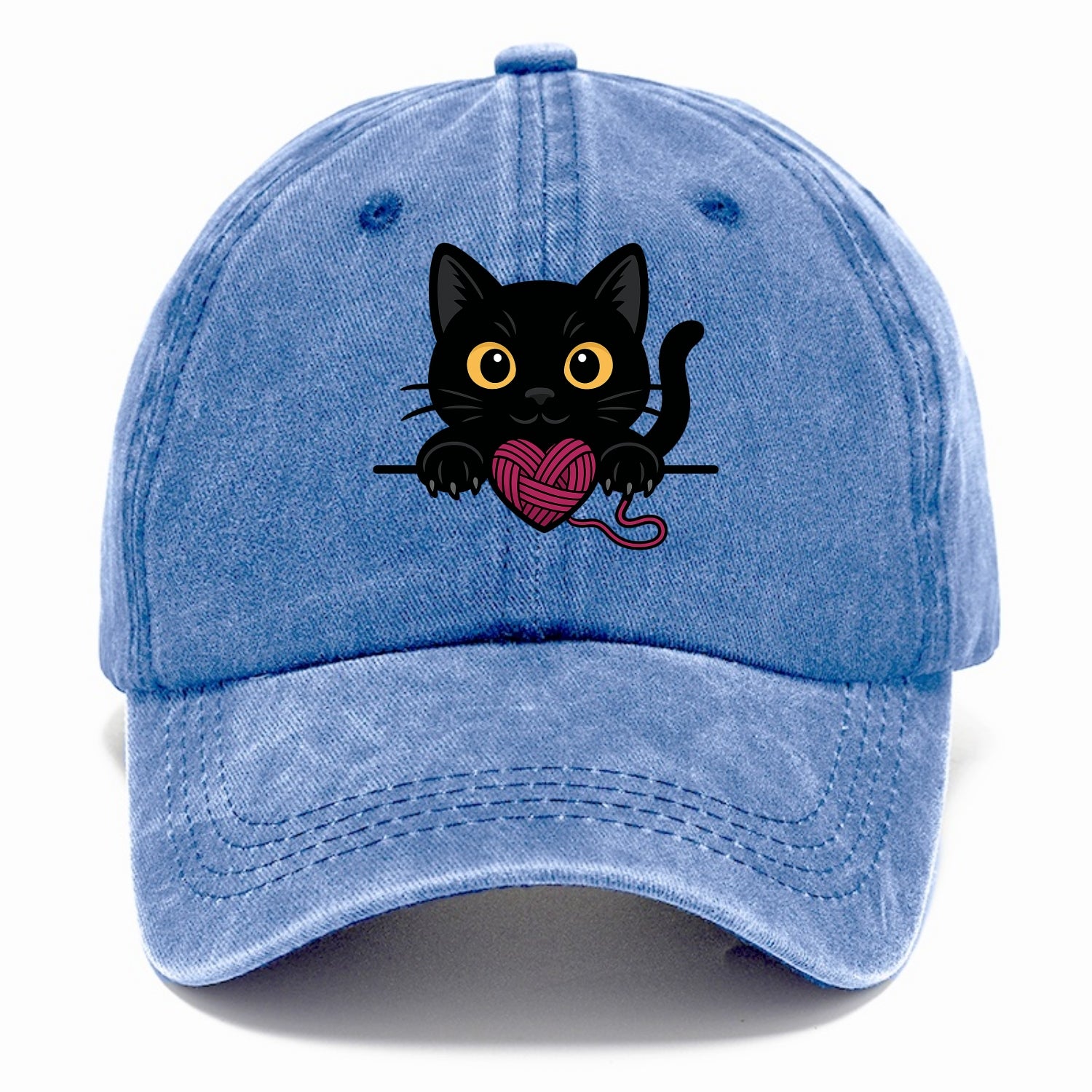 Midnight the black cat stretching tall with claws gently hooked over the edge. - Classic Cap - Summer Sky(Blue)
