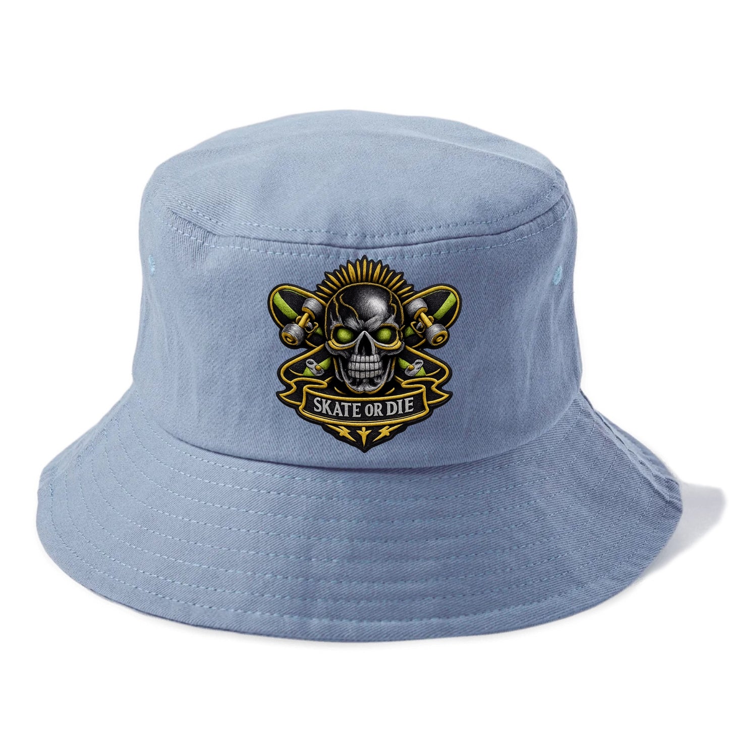 Embroidered patch design - SKATEBOARD SKULL - skull with skateboard in black and neon - Bucket Hat - Summer Sky(Blue)