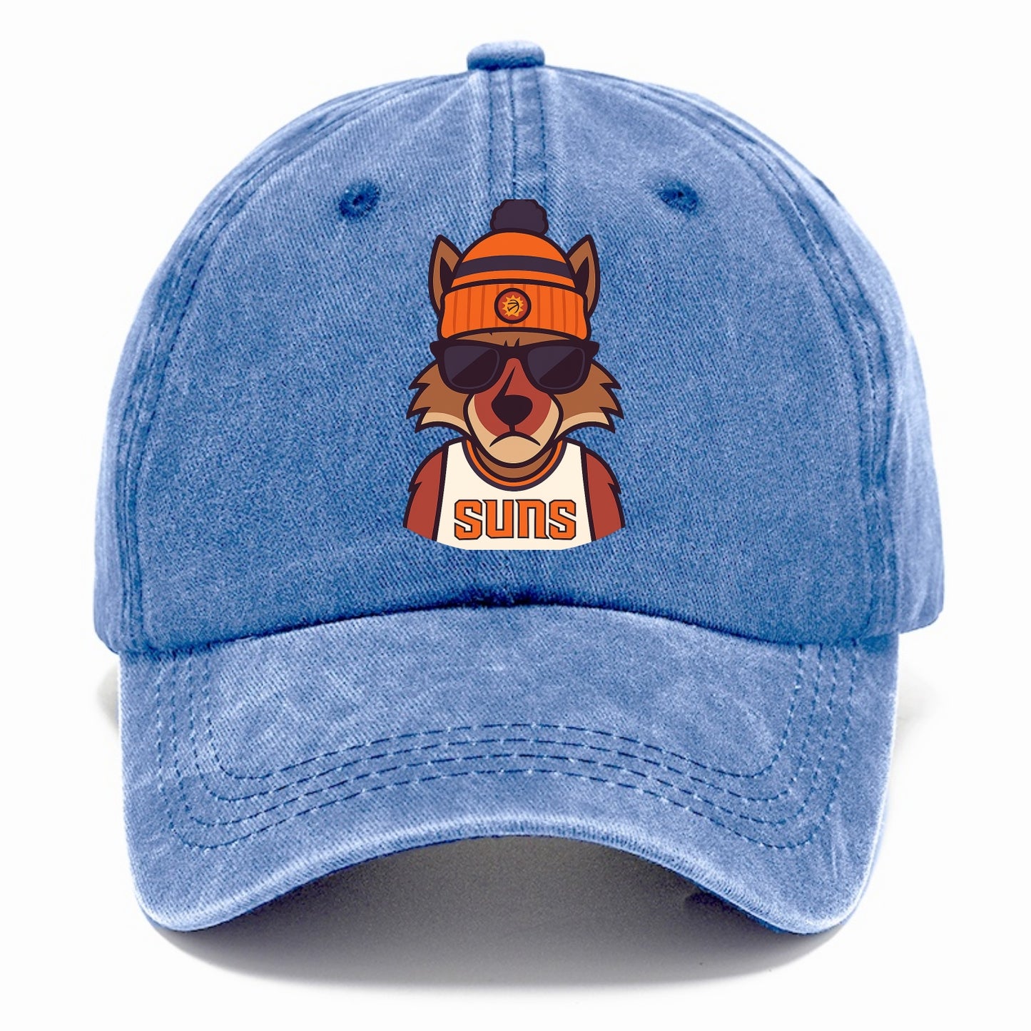 Arizona Coyote wearing Suns beanie with desert sun patch and wayfarer sunglasses - Classic Cap - Summer Sky(Blue)