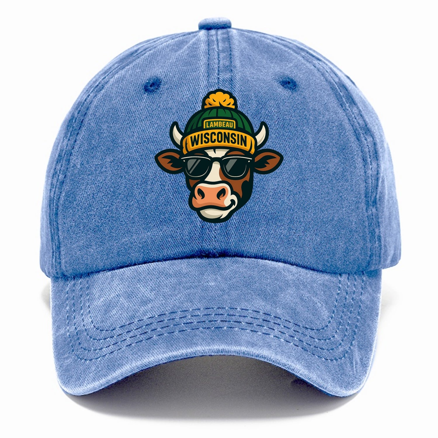 Wisconsin Cow wearing Packers beanie with Lambeau patch and wayfarer sunglasses - Classic Cap - Summer Sky(Blue)