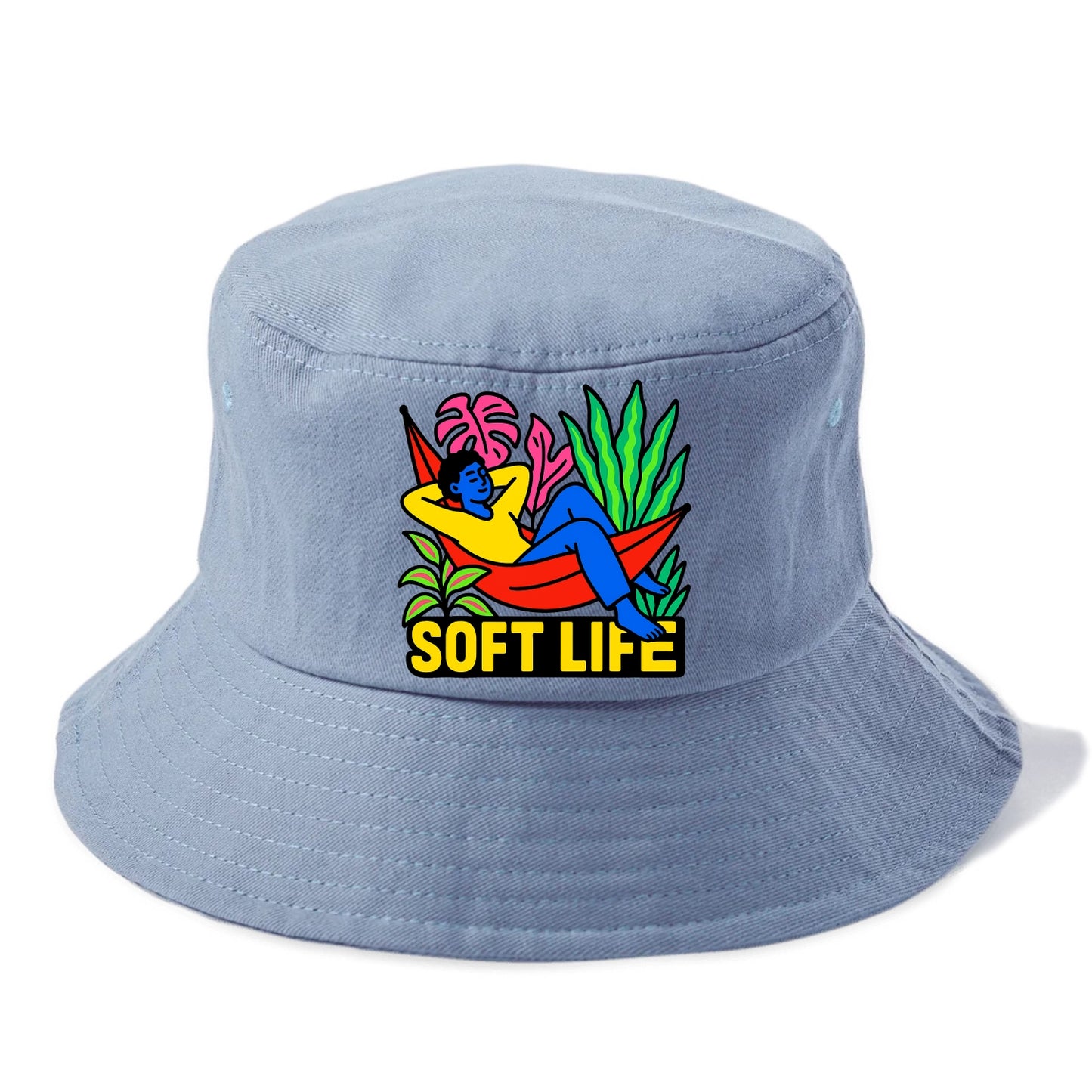Person relaxing in hammock with plants - "soft life" aesthetic, peaceful living goals - Bucket Hat - Summer Sky(Blue)