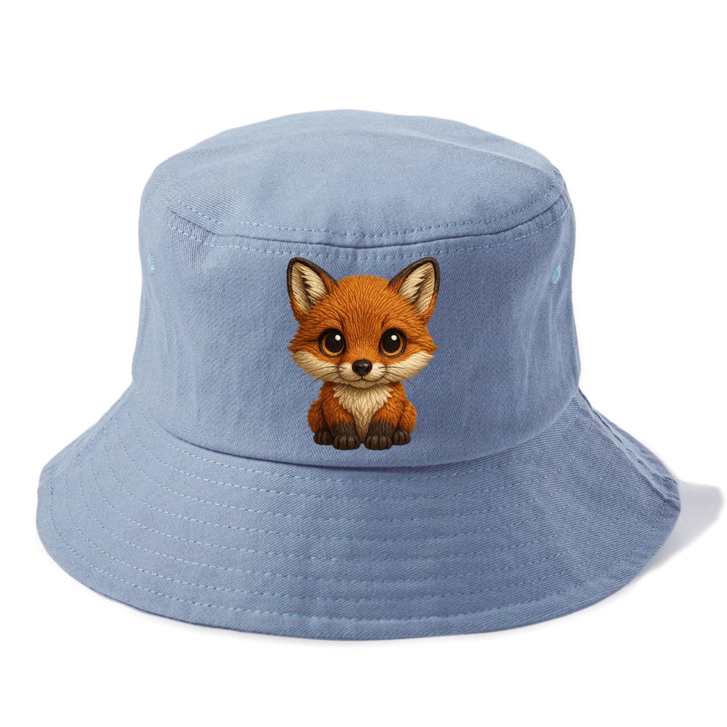 Baby Red Fox - russet fur, white chest, big amber eyes, perky ears, front-facing, - Bucket Hat - Summer Sky(Blue)