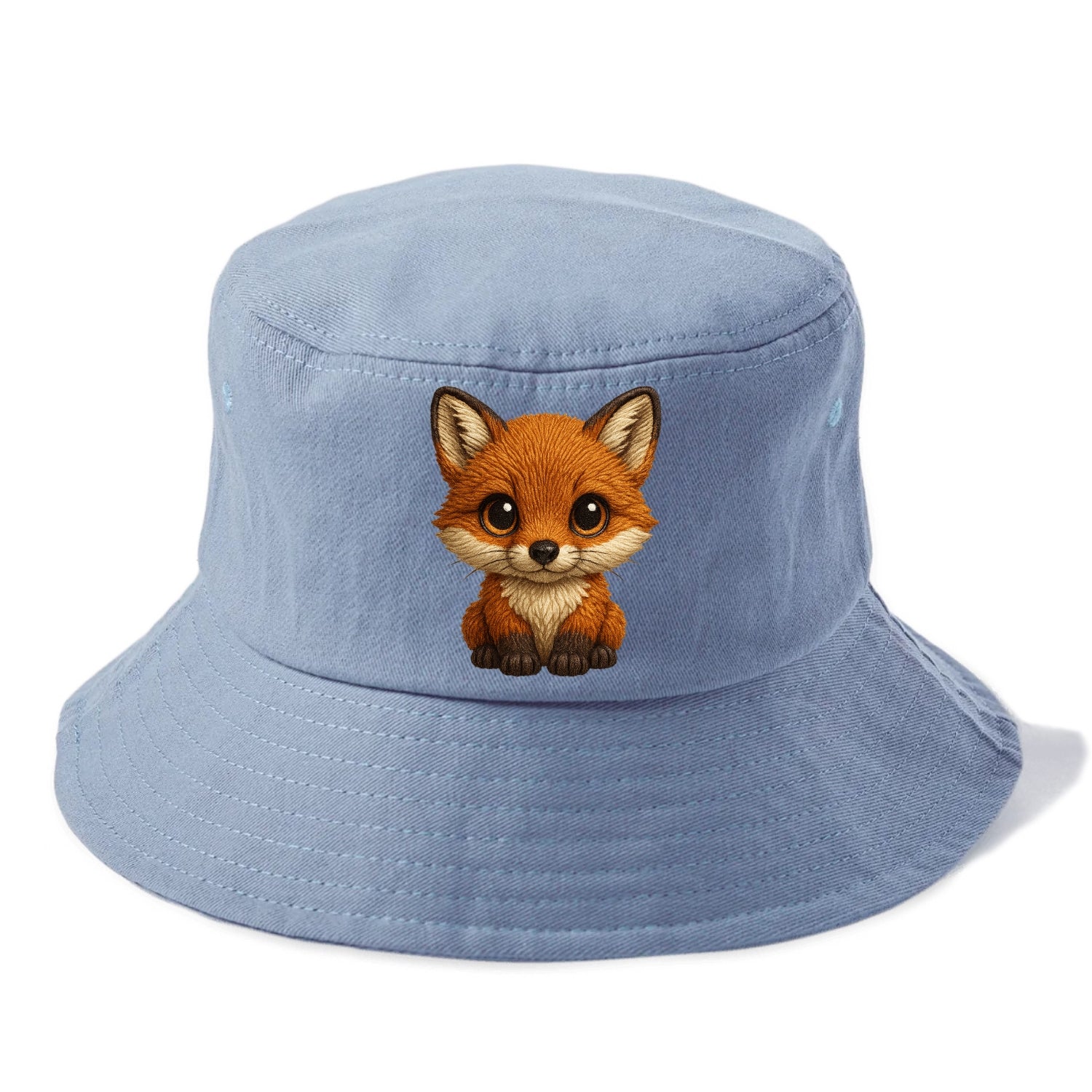 Baby Red Fox - russet fur, white chest, big amber eyes, perky ears, front-facing, - Bucket Hat - Summer Sky(Blue)