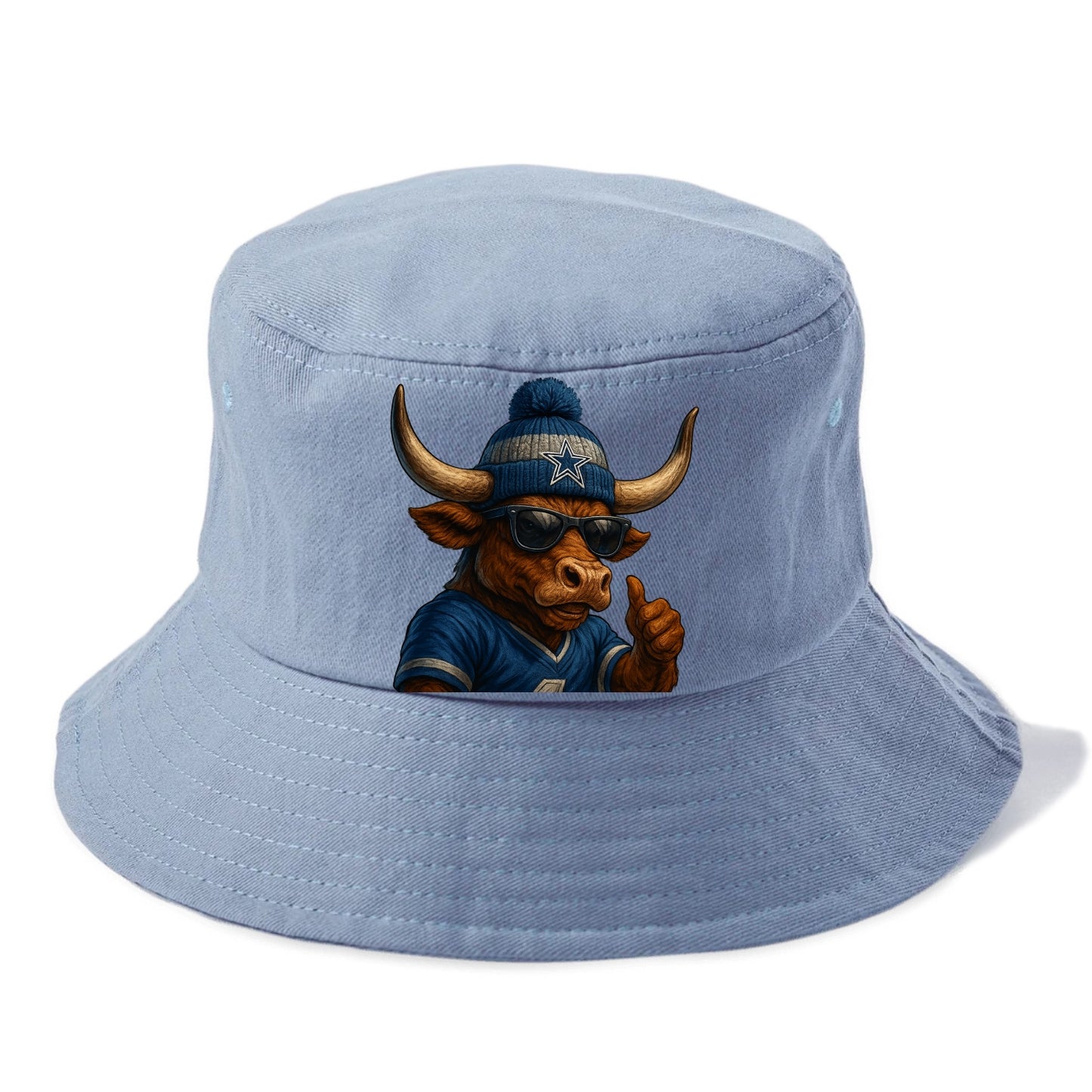 Texas Longhorn wearing Cowboys silver and blue beanie with star and wayfarer sunglasses - Bucket Hat - Summer Sky(Blue)