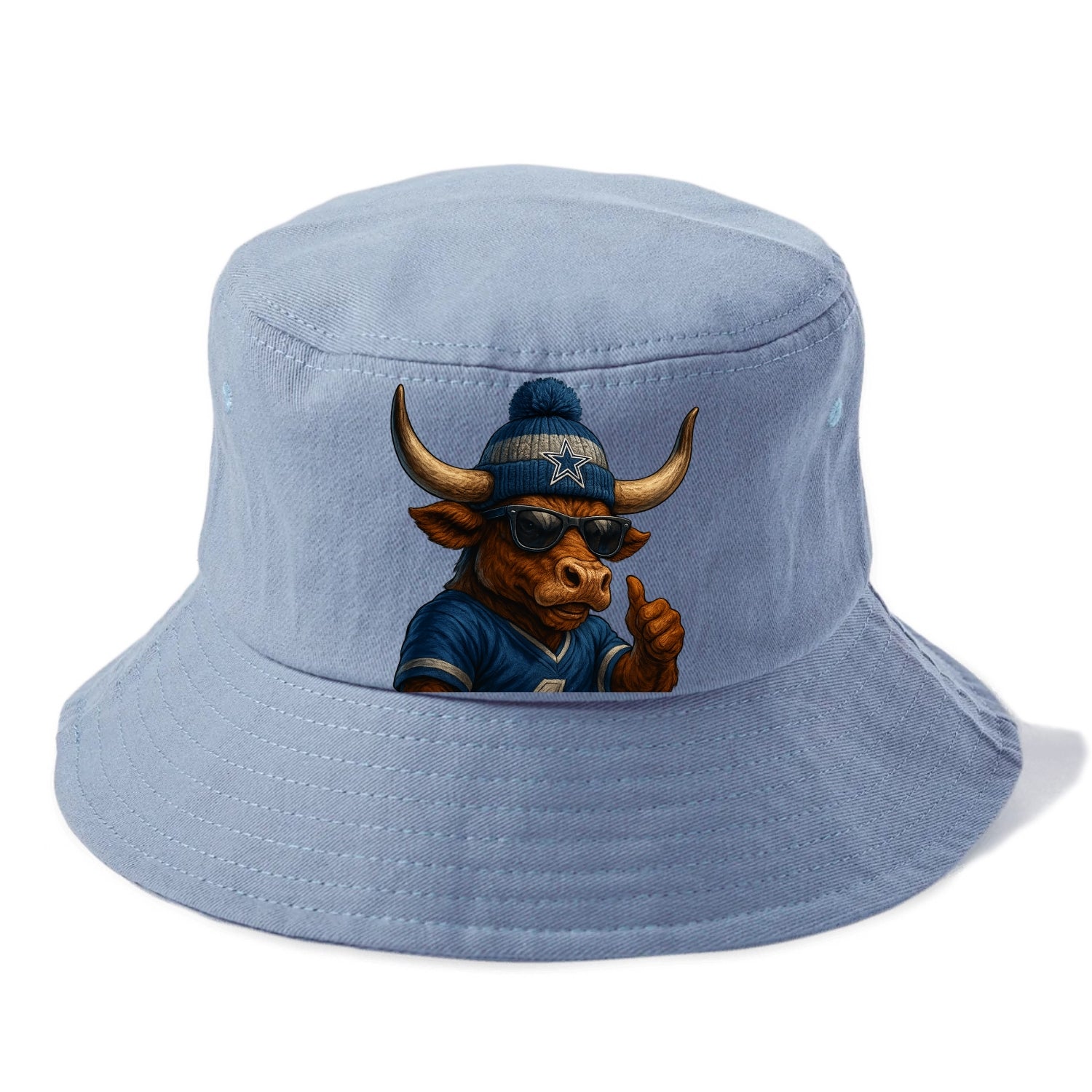 Texas Longhorn wearing Cowboys silver and blue beanie with star and wayfarer sunglasses - Bucket Hat - Summer Sky(Blue)