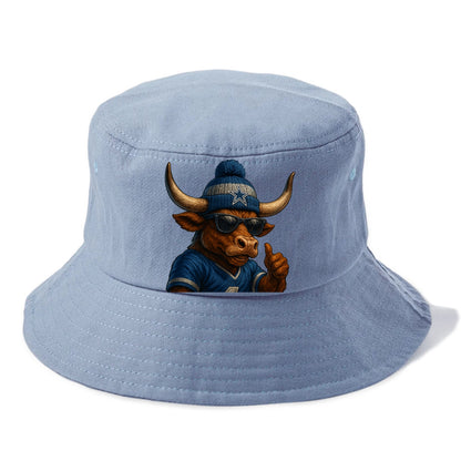Texas Longhorn wearing Cowboys silver and blue beanie with star and wayfarer sunglasses - Bucket Hat - Summer Sky(Blue)