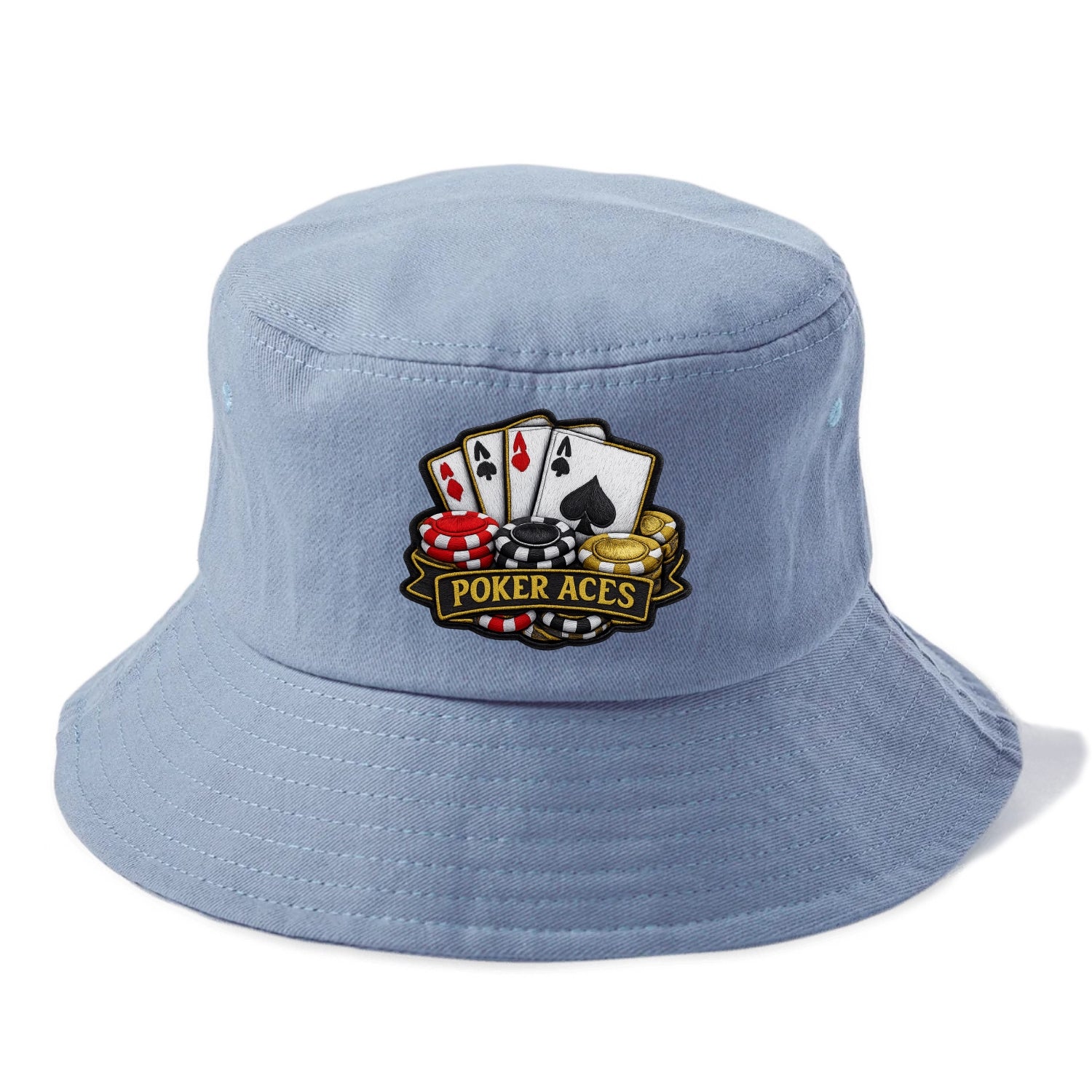 Embroidered patch design - POKER ACES - four aces with chips in red, black and gold - Bucket Hat - Summer Sky(Blue)