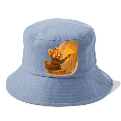 Red panda painting a sunrise mural with an oversized calligraphy brush on a cliff wall - Bucket Hat - Summer Sky(Blue)