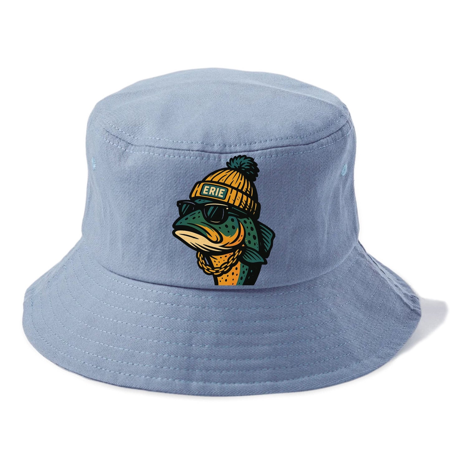 Erie Lake Trout wearing Erie beanie with pom pom and wayfarer sunglasses - Bucket Hat - Summer Sky(Blue)