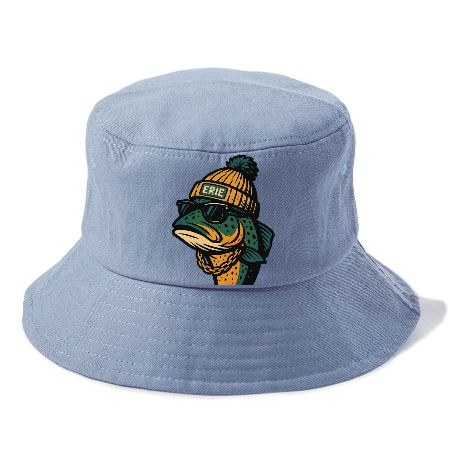 Erie Lake Trout wearing Erie beanie with pom pom and wayfarer sunglasses - Bucket Hat - Summer Sky(Blue)