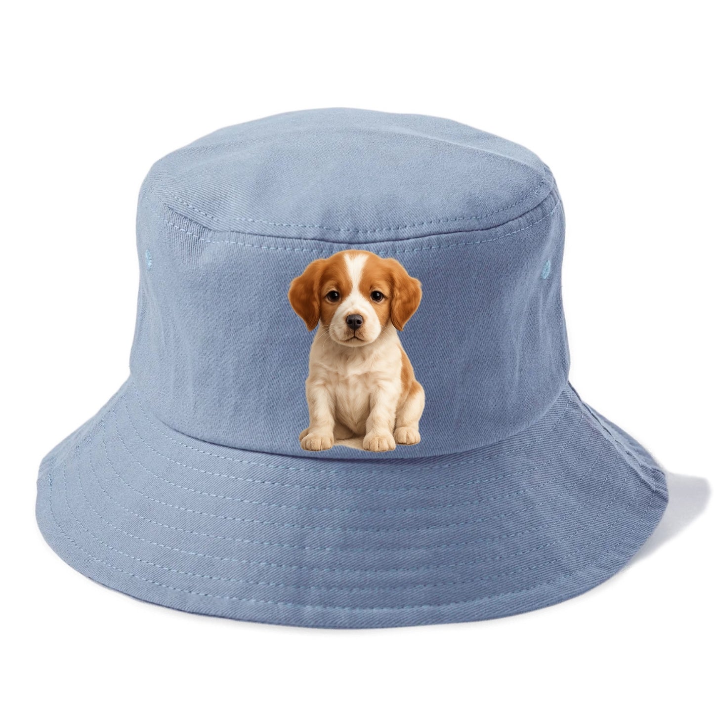 Baby Brittany Puppy - orange and white, compact, bright eyes, feathered, front-facing, - Bucket Hat - Summer Sky(Blue)