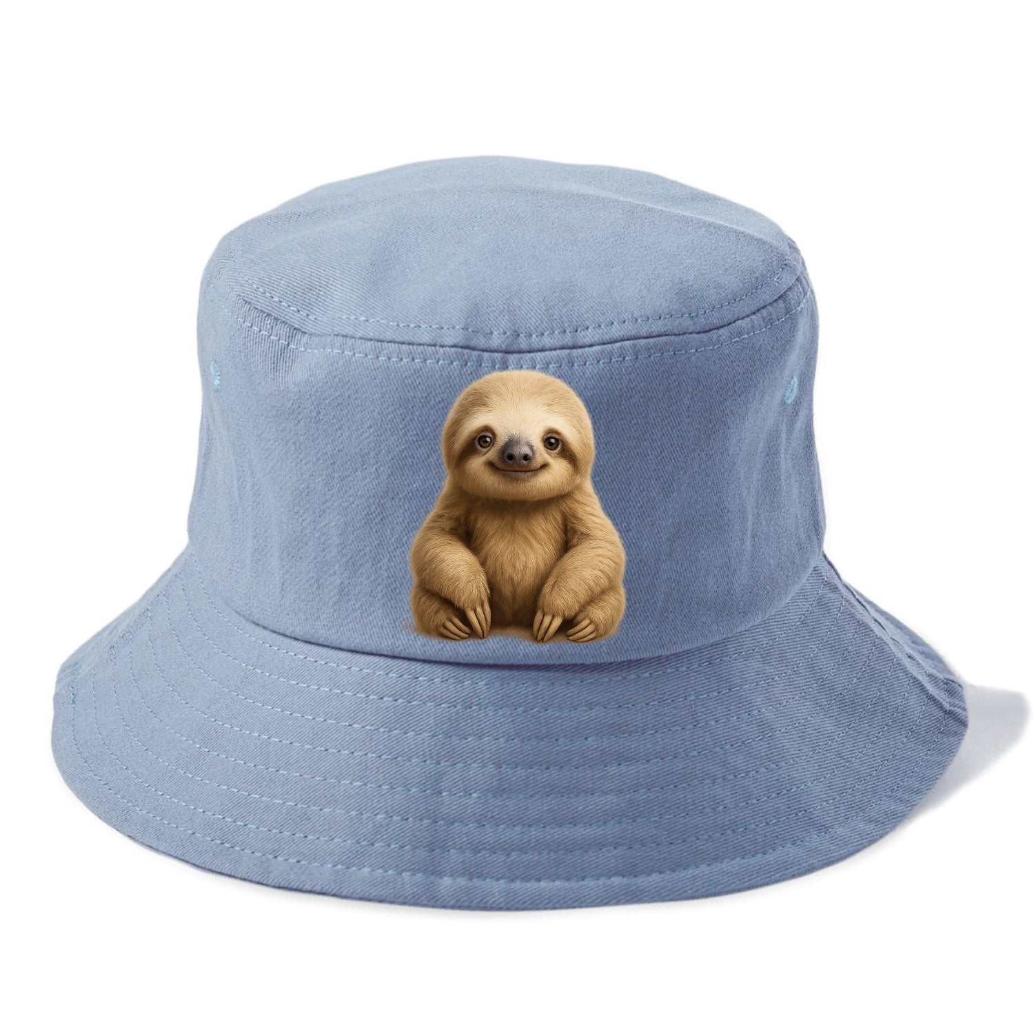 Baby Sloth - tan fur, long arms, peaceful smile, gentle eyes, front-facing, zen master - Bucket Hat - Summer Sky(Blue)