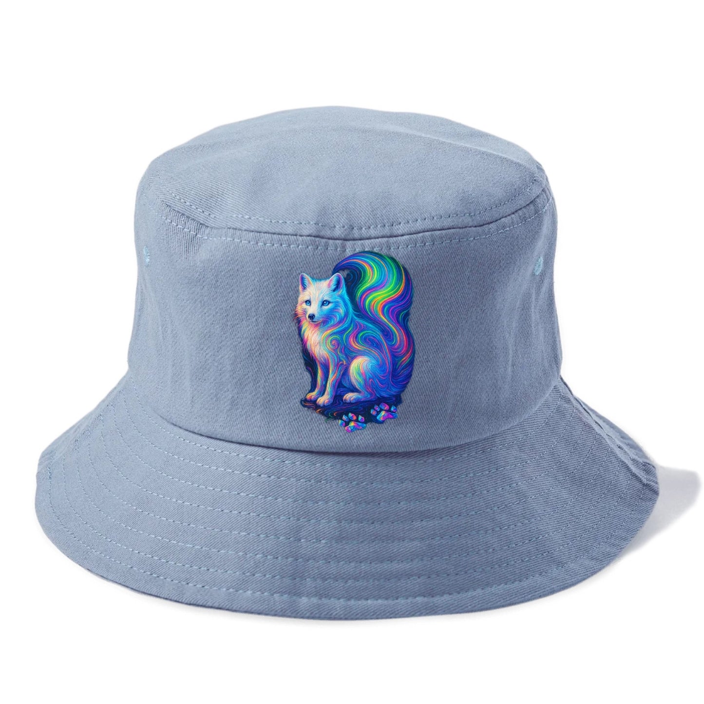 Graceful arctic fox with tail streaming aurora colors, white fur with prismatic - Bucket Hat - Summer Sky(Blue)