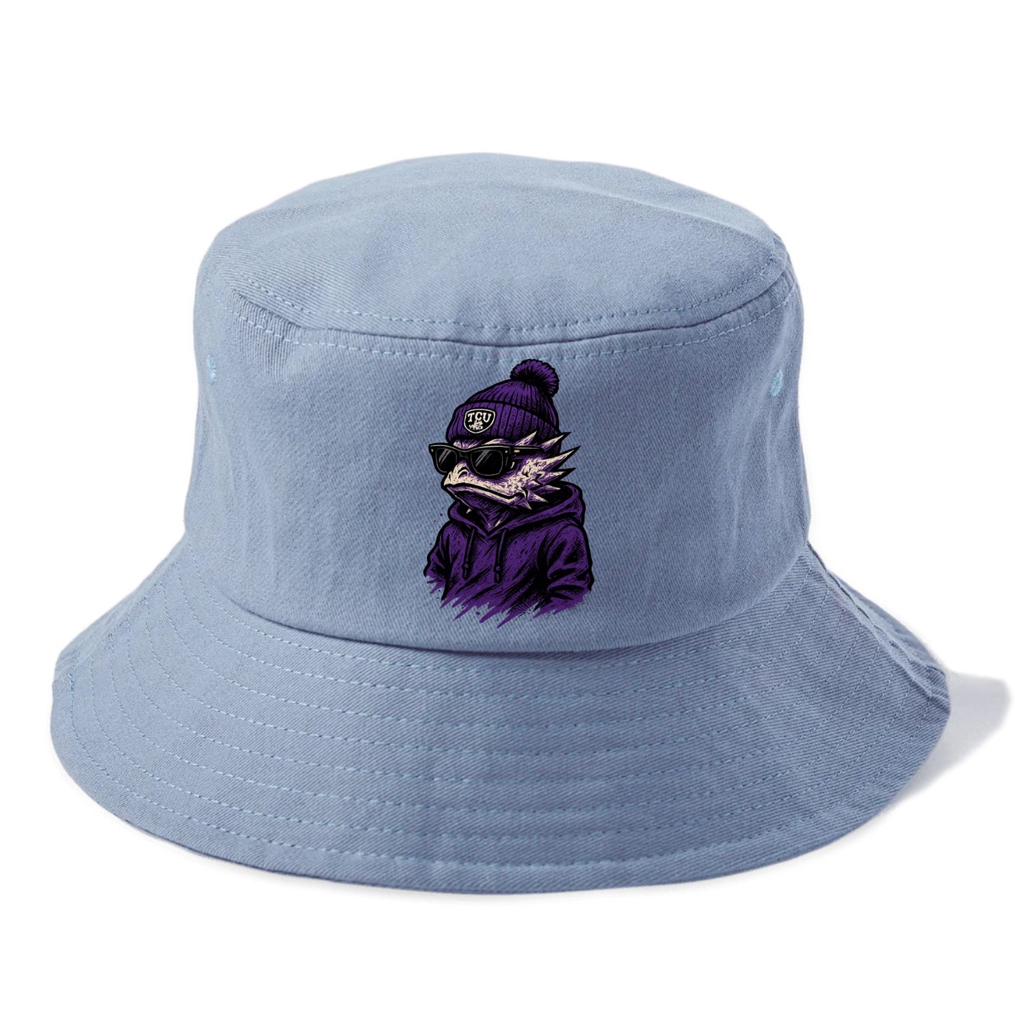 Fort Worth Horned Frog wearing TCU beanie with frog patch - Bucket Hat - Summer Sky(Blue)