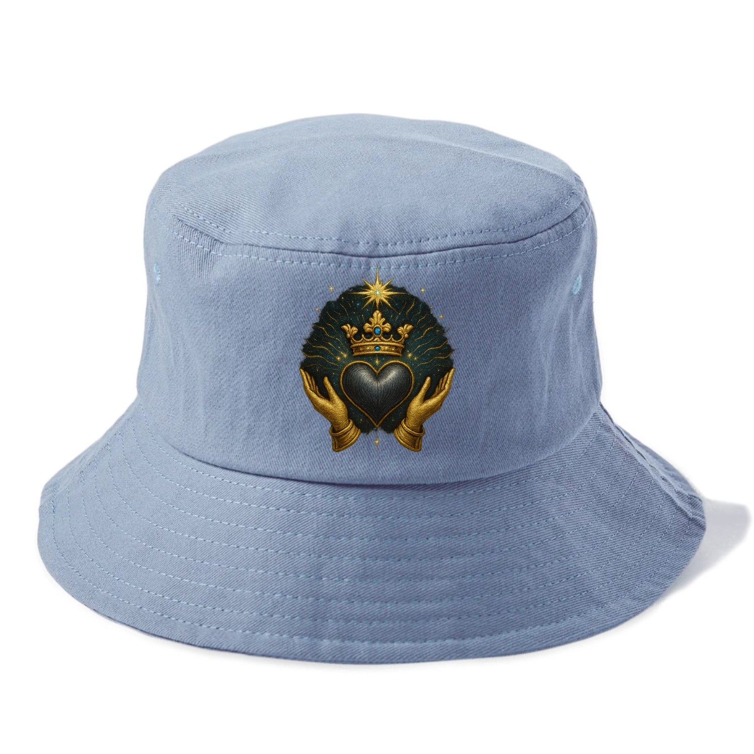 Pearl-studded tiara atop a satin-gunmetal heart supported by elegant opera-glove hands. - Bucket Hat - Summer Sky(Blue)