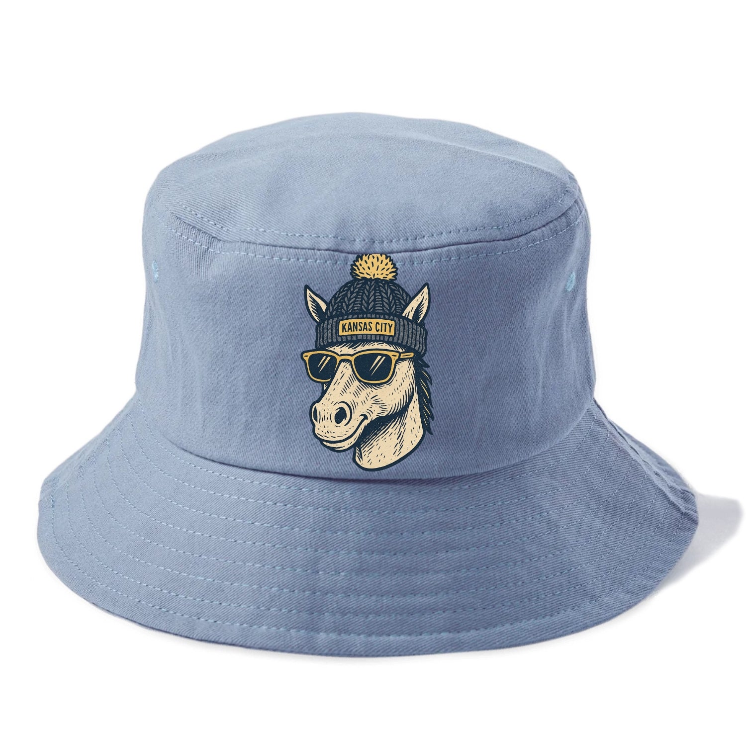 Missouri Mule wearing Kansas City beanie with pom pom and wayfarer sunglasses - Bucket Hat - Summer Sky(Blue)