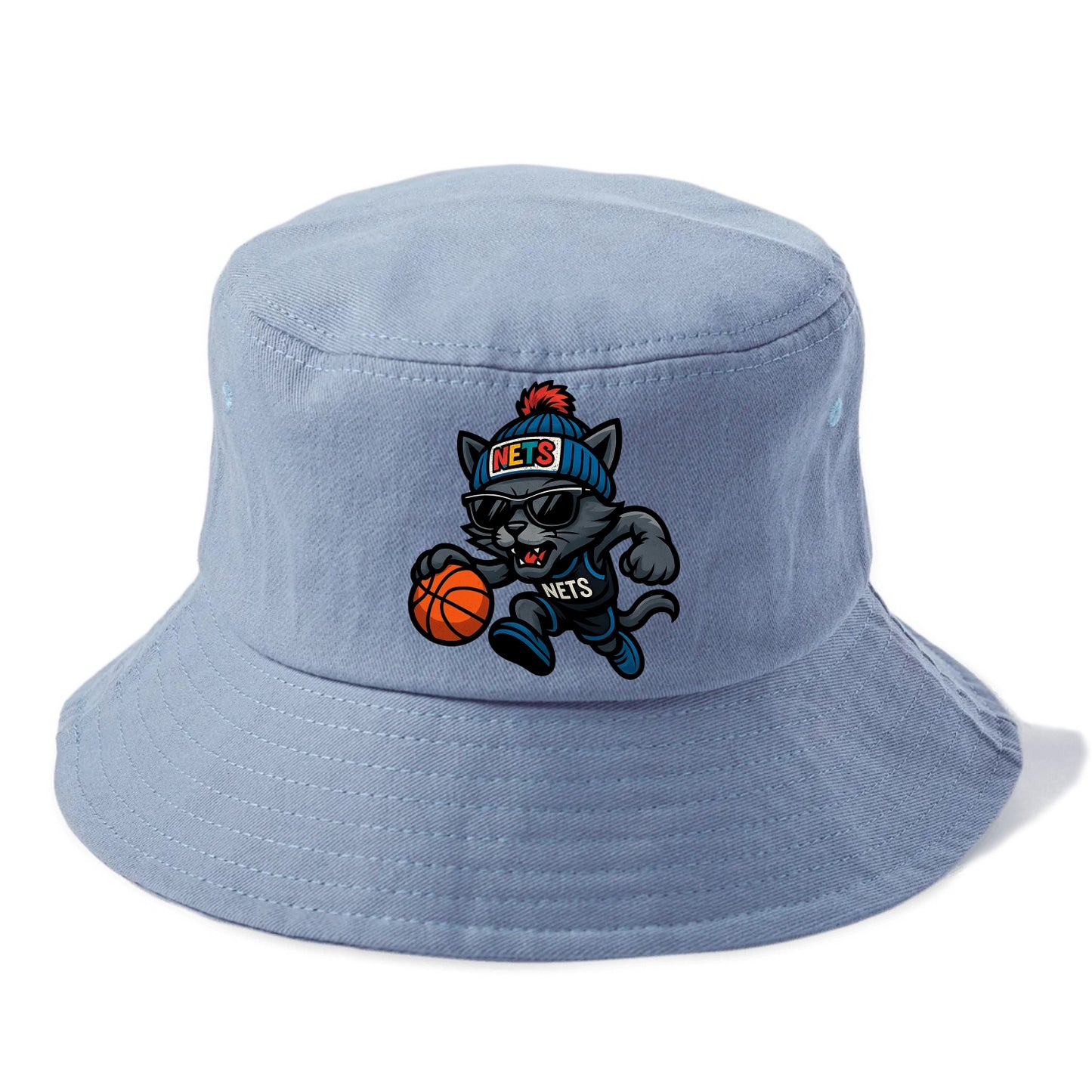 Brooklyn Cat wearing Nets beanie with street art patch and wayfarer sunglasses - Bucket Hat - Summer Sky(Blue)