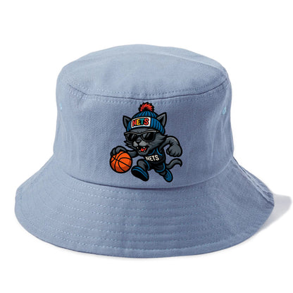 Brooklyn Cat wearing Nets beanie with street art patch and wayfarer sunglasses - Bucket Hat - Summer Sky(Blue)