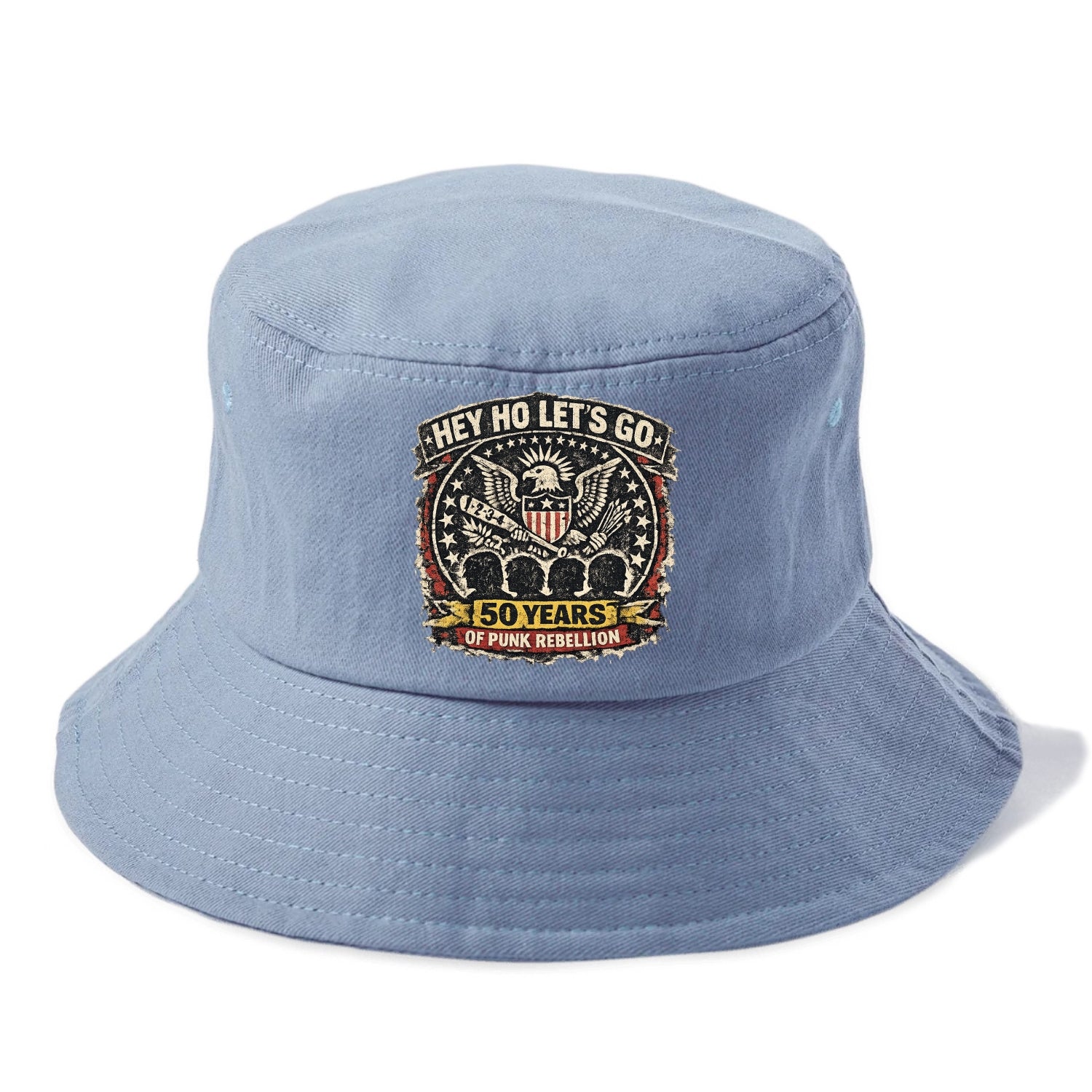 RAMONES LEGACY | Hey Ho Let's Go typography | Presidential seal parody | Four heads - Bucket Hat - Summer Sky(Blue)