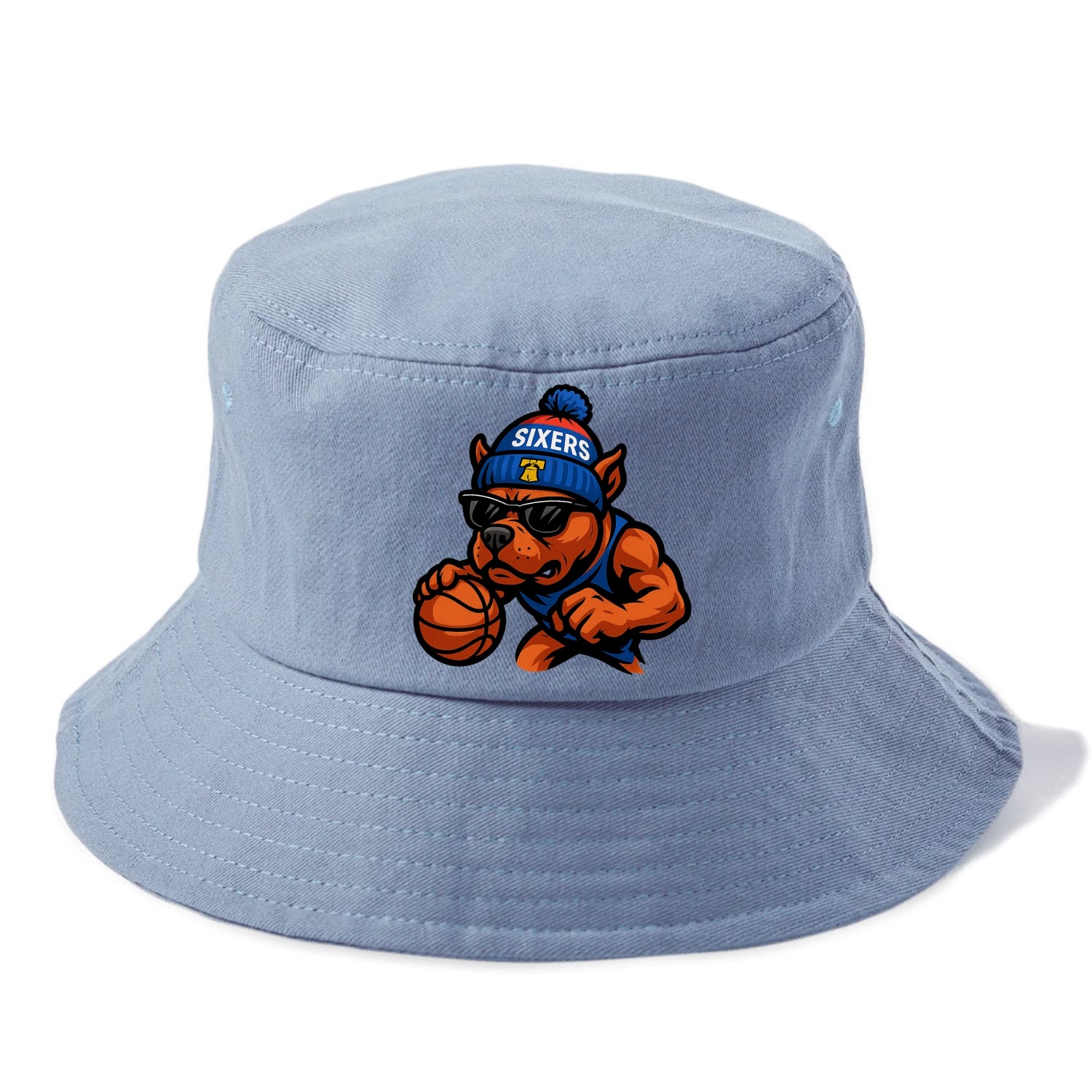 Philly Pitbull wearing Sixers beanie with Liberty Bell and wayfarer sunglasses - Bucket Hat - Summer Sky(Blue)