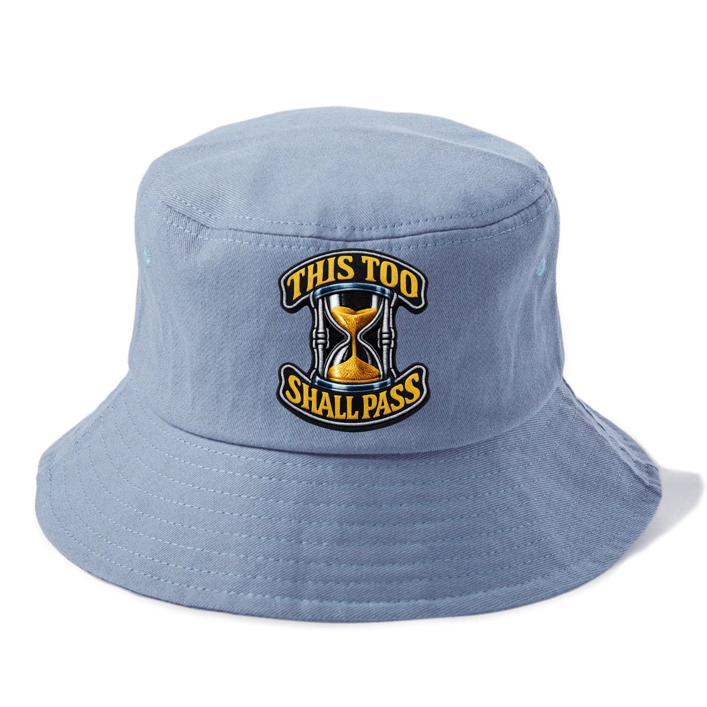 THIS TOO SHALL PASS - hourglass with text in gold , perspective - Bucket Hat - Summer Sky(Blue)