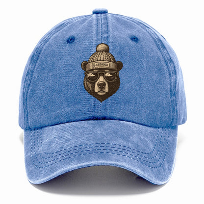 New Mexico Black Bear wearing Albuquerque beanie with pom pom and wayfarer sunglasses - Classic Cap - Summer Sky(Blue)