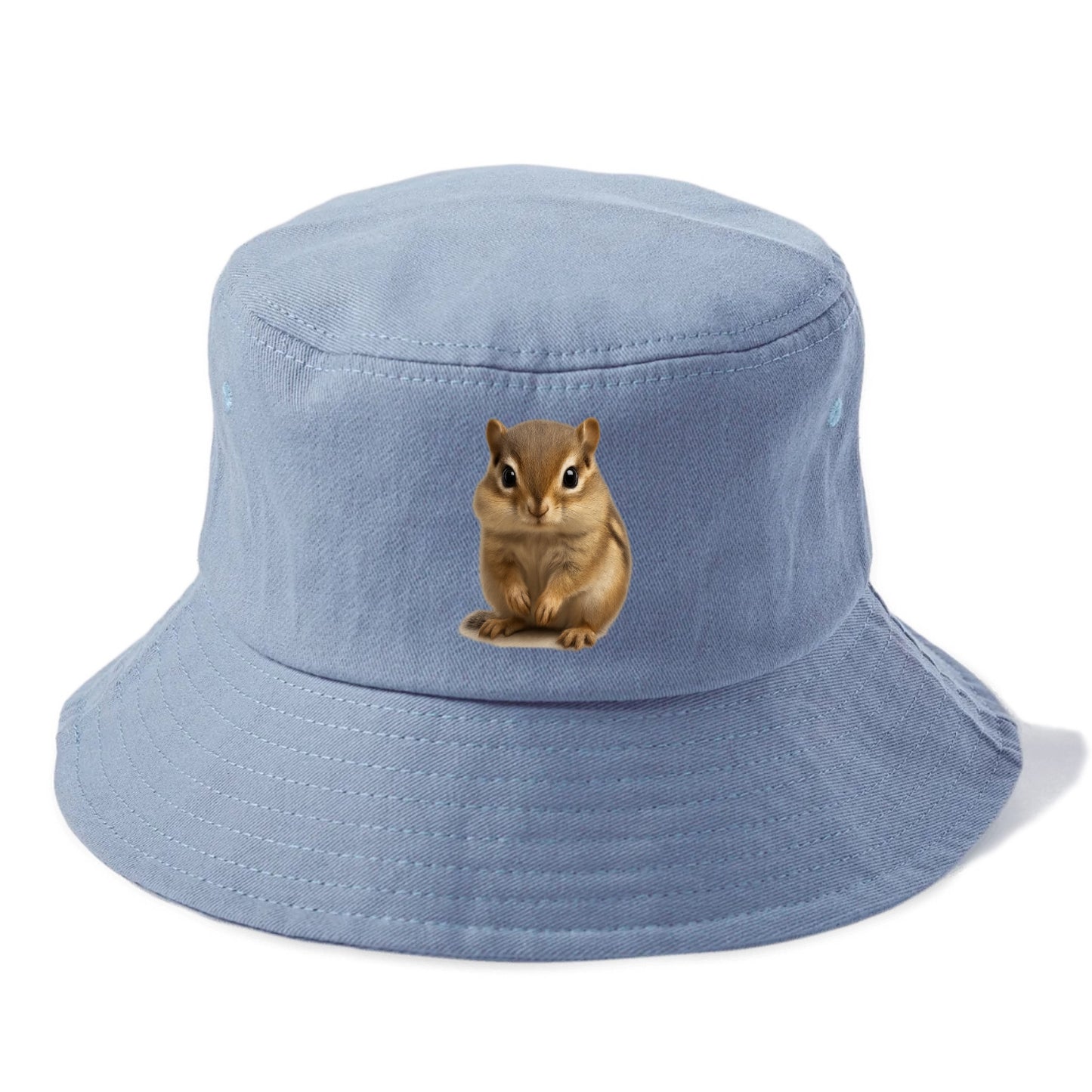 Baby Chipmunk - striped back, cheek pouches, tiny paws, bright eyes, front-facing, - Bucket Hat - Summer Sky(Blue)