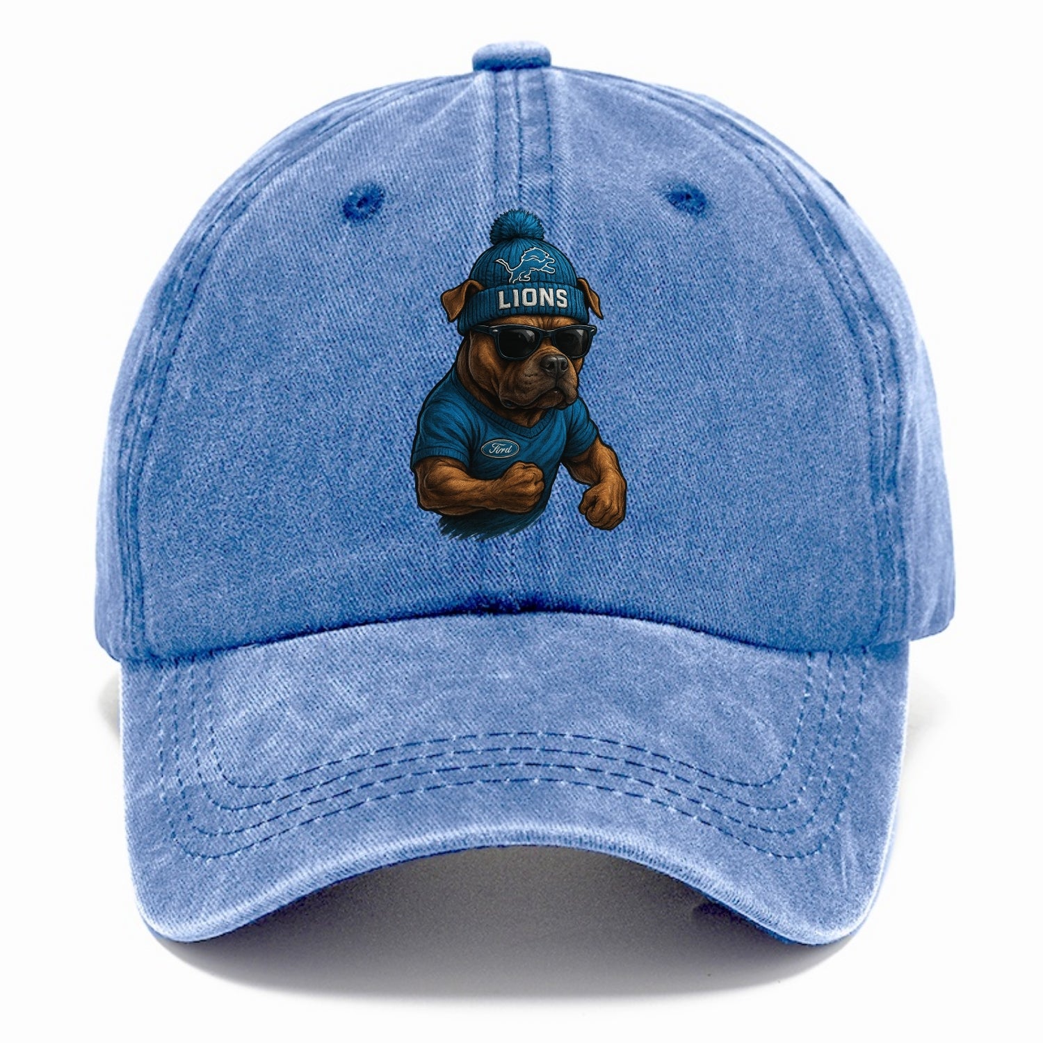 Detroit Pitbull wearing Lions beanie with auto patch and wayfarer sunglasses - Classic Cap - Summer Sky(Blue)