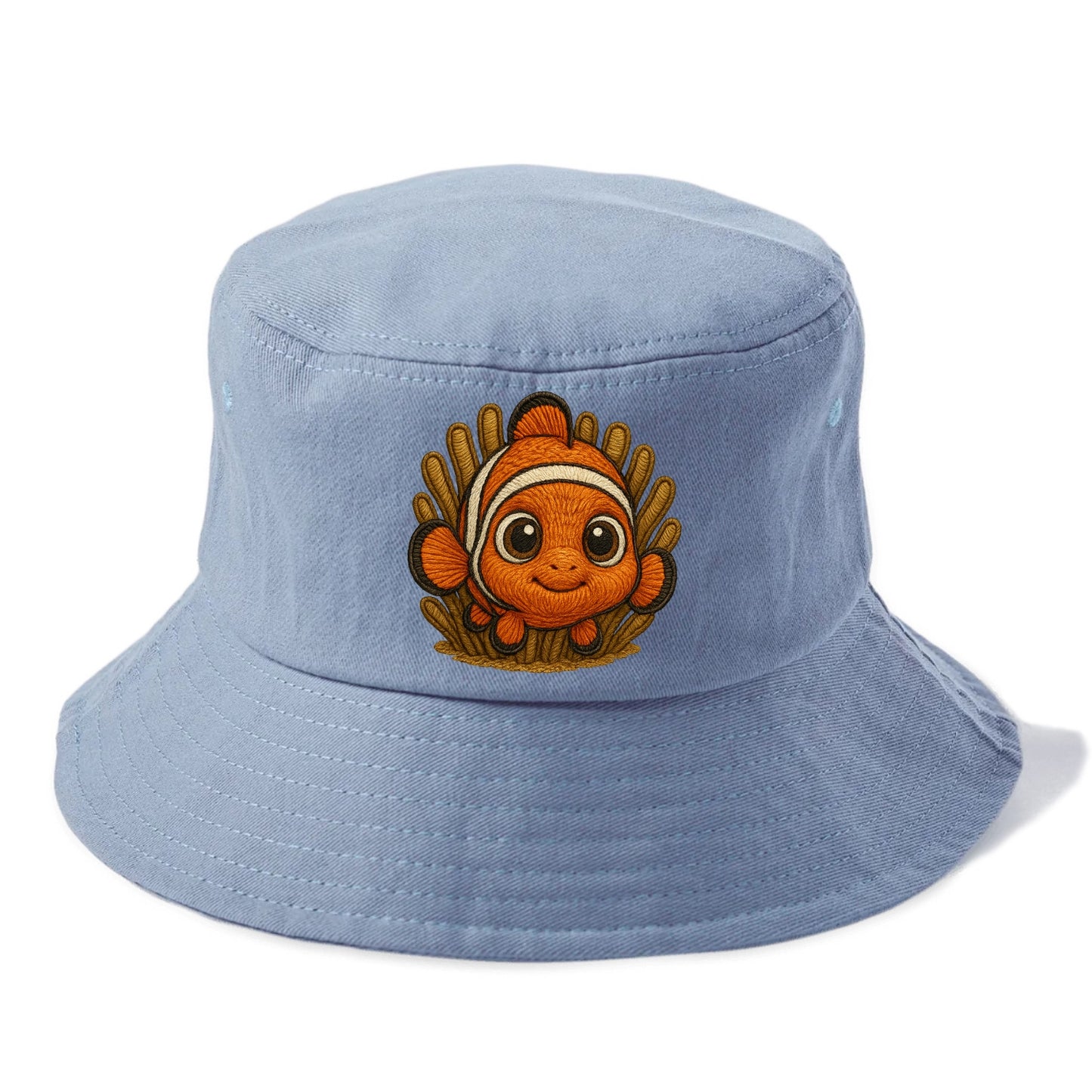 Baby Clownfish - orange with white stripes, big round eyes, front-facing in anemone, - Bucket Hat - Summer Sky(Blue)