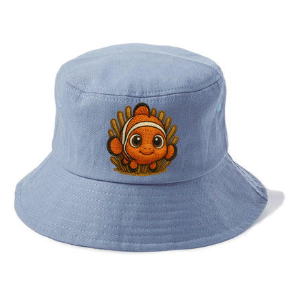 Baby Clownfish - orange with white stripes, big round eyes, front-facing in anemone, - Bucket Hat - Summer Sky(Blue)