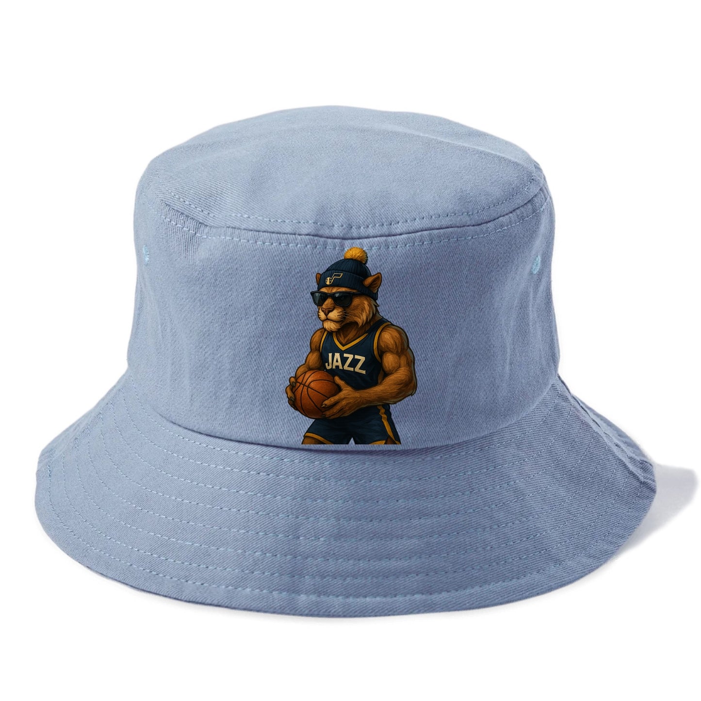 Utah Mountain Lion wearing Jazz navy and yellow beanie with music note and wayfarer - Bucket Hat - Summer Sky(Blue)