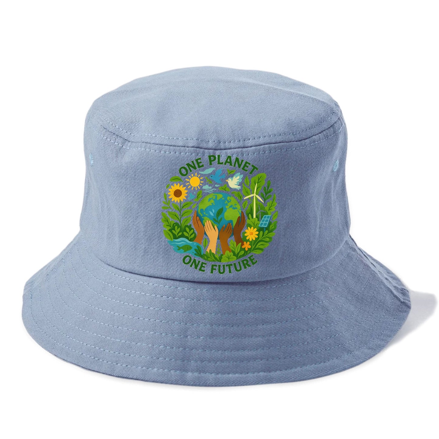 Globe surrounded by hands of all colors working together - "One Planet, One Future" - - Bucket Hat - Summer Sky(Blue)