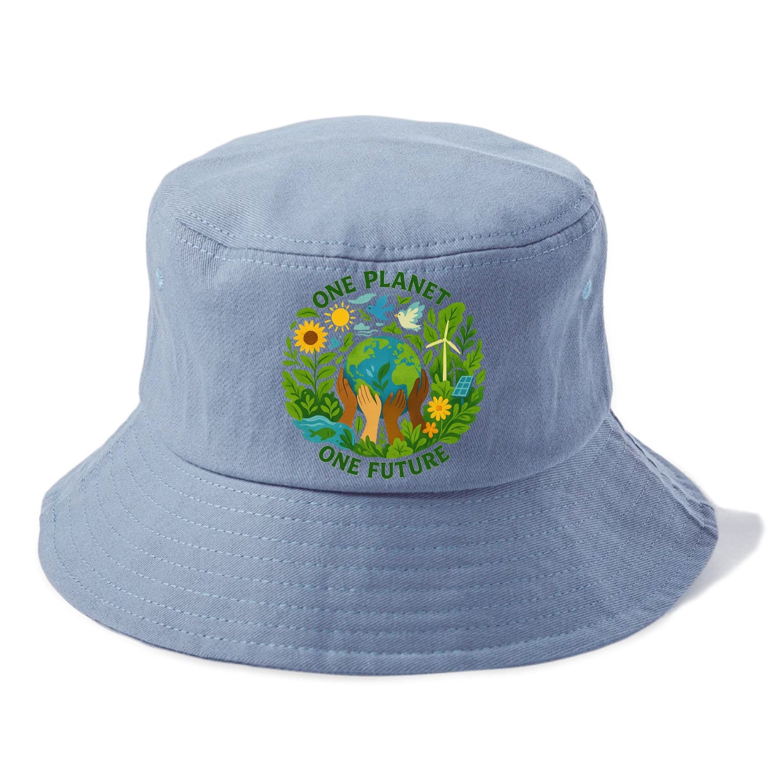 Globe surrounded by hands of all colors working together - "One Planet, One Future" - - Bucket Hat - Summer Sky(Blue)