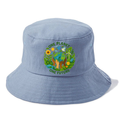 Globe surrounded by hands of all colors working together - "One Planet, One Future" - - Bucket Hat - Summer Sky(Blue)
