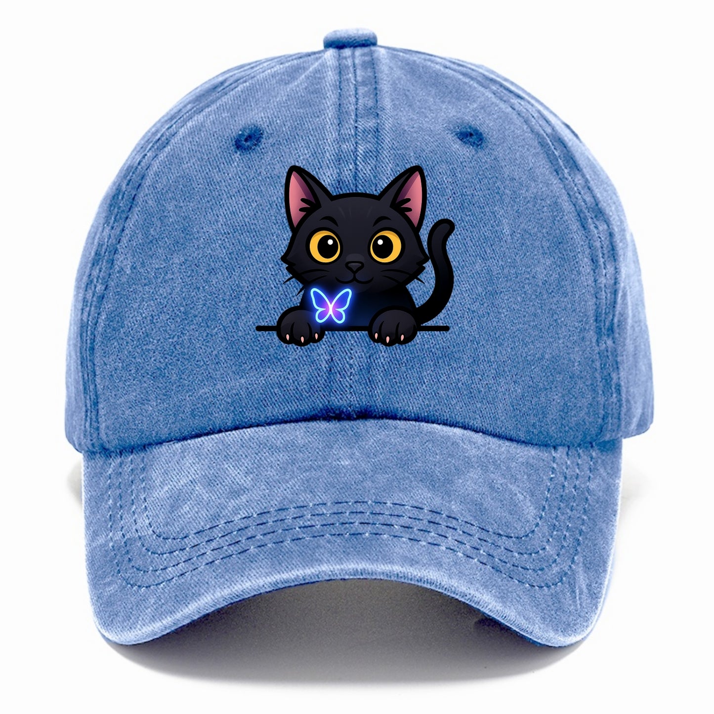 Midnight the black cat blowing a glossy bubblegum bubble while peeking. - Classic Cap - Summer Sky(Blue)