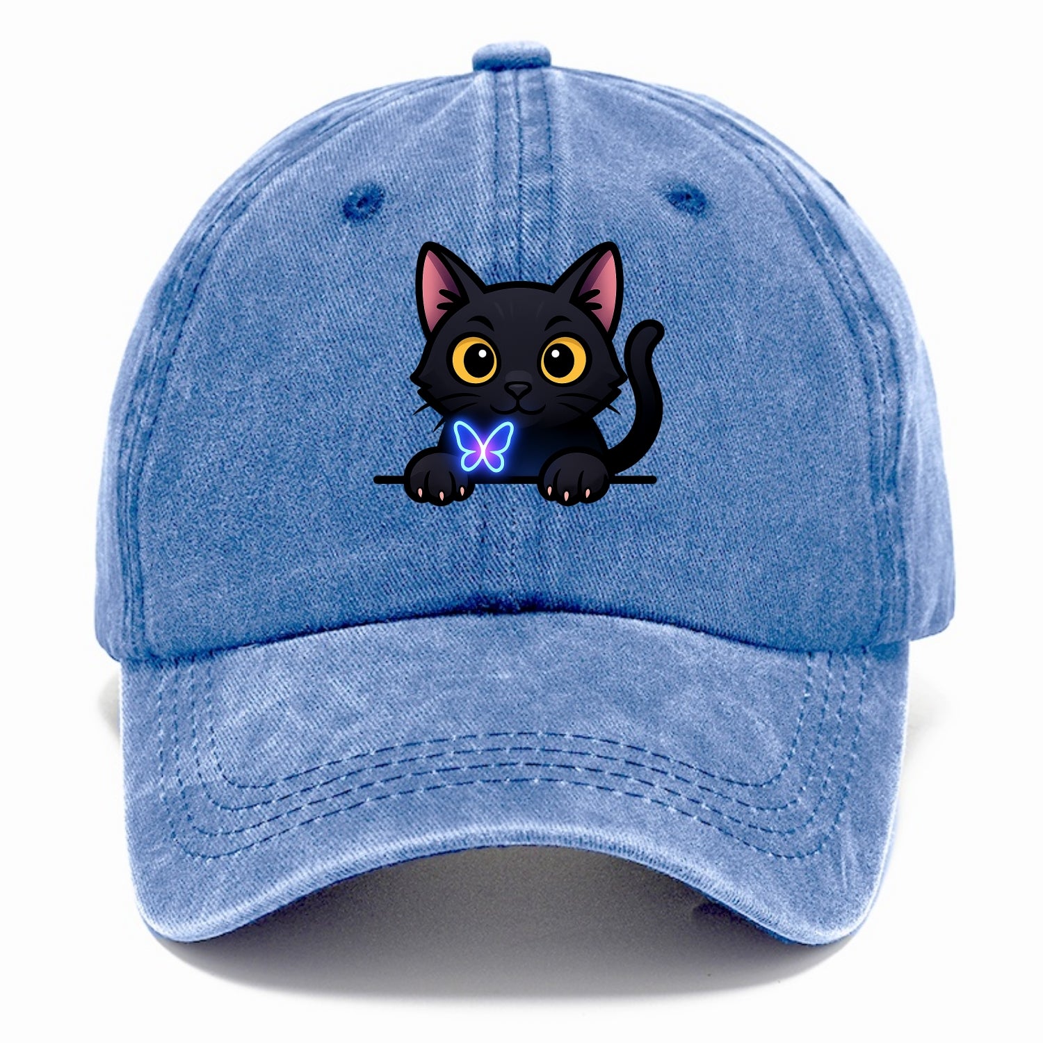 Midnight the black cat blowing a glossy bubblegum bubble while peeking. - Classic Cap - Summer Sky(Blue)