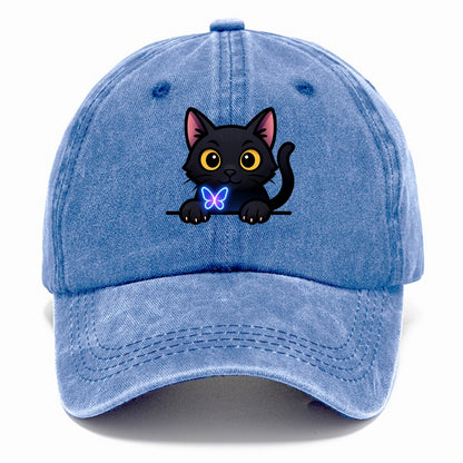 Midnight the black cat blowing a glossy bubblegum bubble while peeking. - Classic Cap - Summer Sky(Blue)
