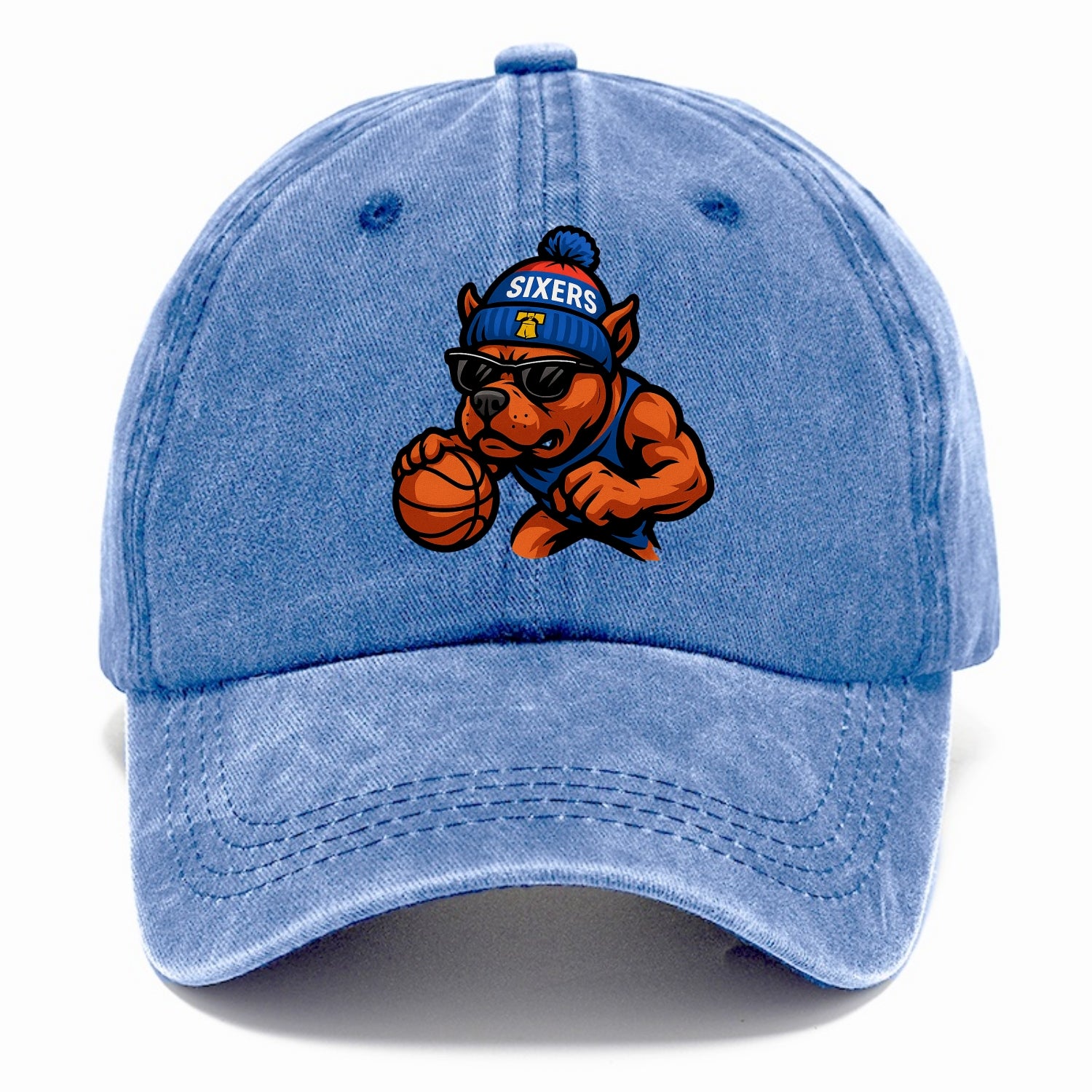 Philly Pitbull wearing Sixers beanie with Liberty Bell and wayfarer sunglasses - Classic Cap - Summer Sky(Blue)