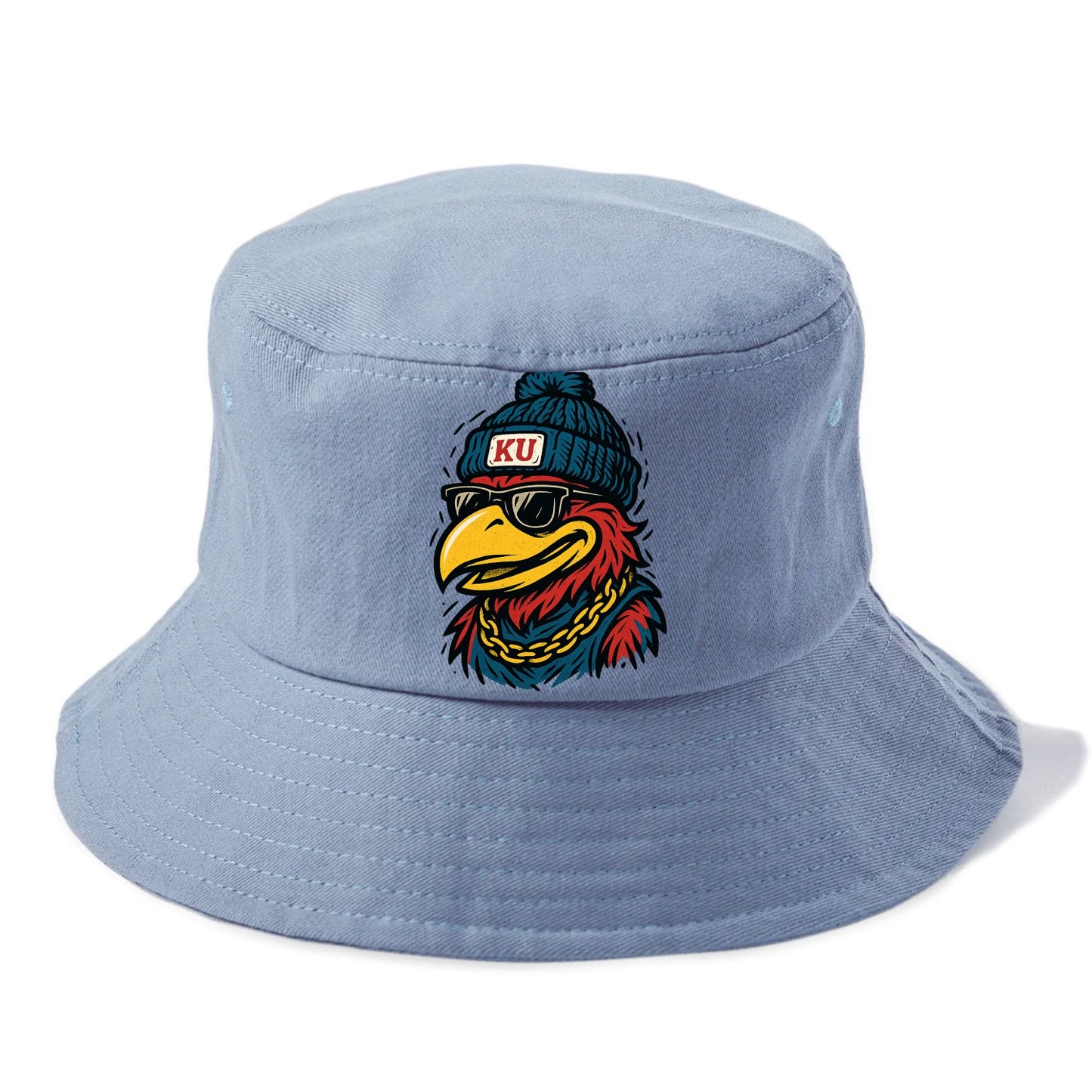 Lawrence Jayhawk wearing Kansas beanie with KU patch - Bucket Hat - Summer Sky(Blue)