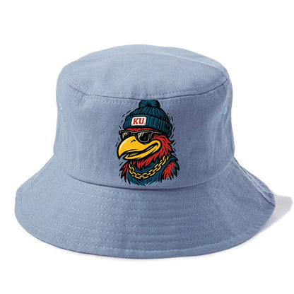 Lawrence Jayhawk wearing Kansas beanie with KU patch - Bucket Hat - Summer Sky(Blue)