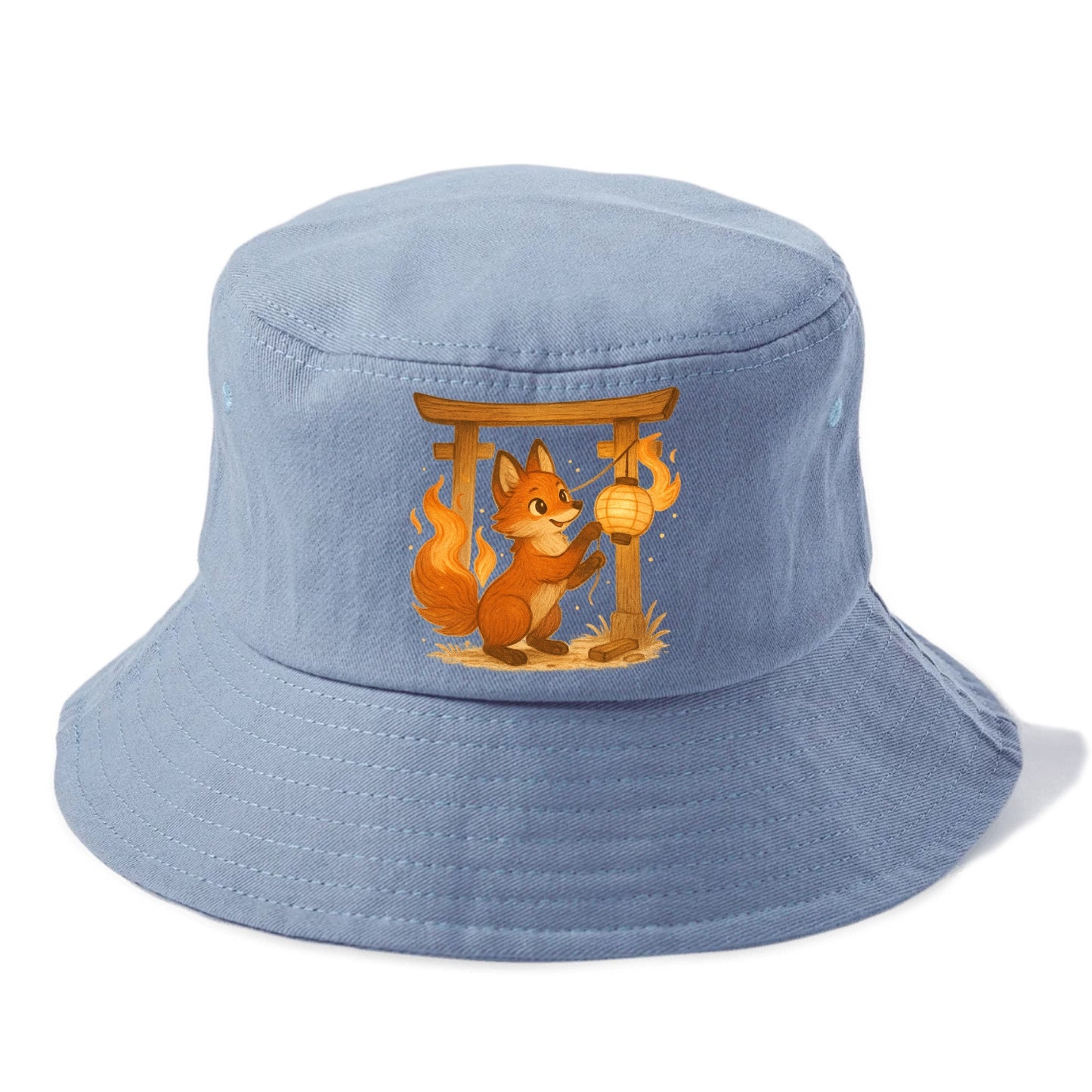 Foxfire kitsune stringing lanterns along a torii gate with tails of living flame - Bucket Hat - Summer Sky(Blue)