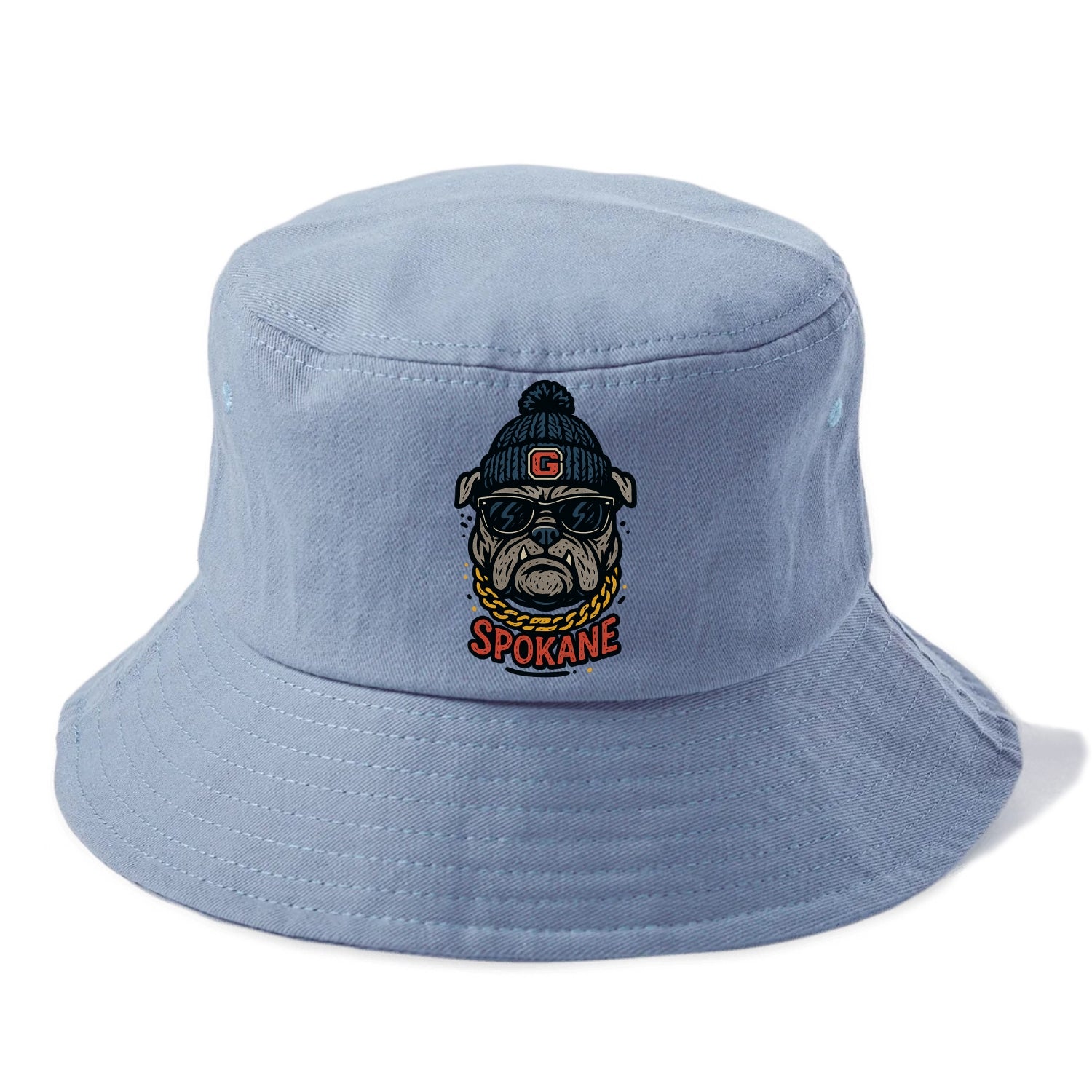 Spokane Bulldog wearing Gonzaga beanie with G patch - Bucket Hat - Summer Sky(Blue)