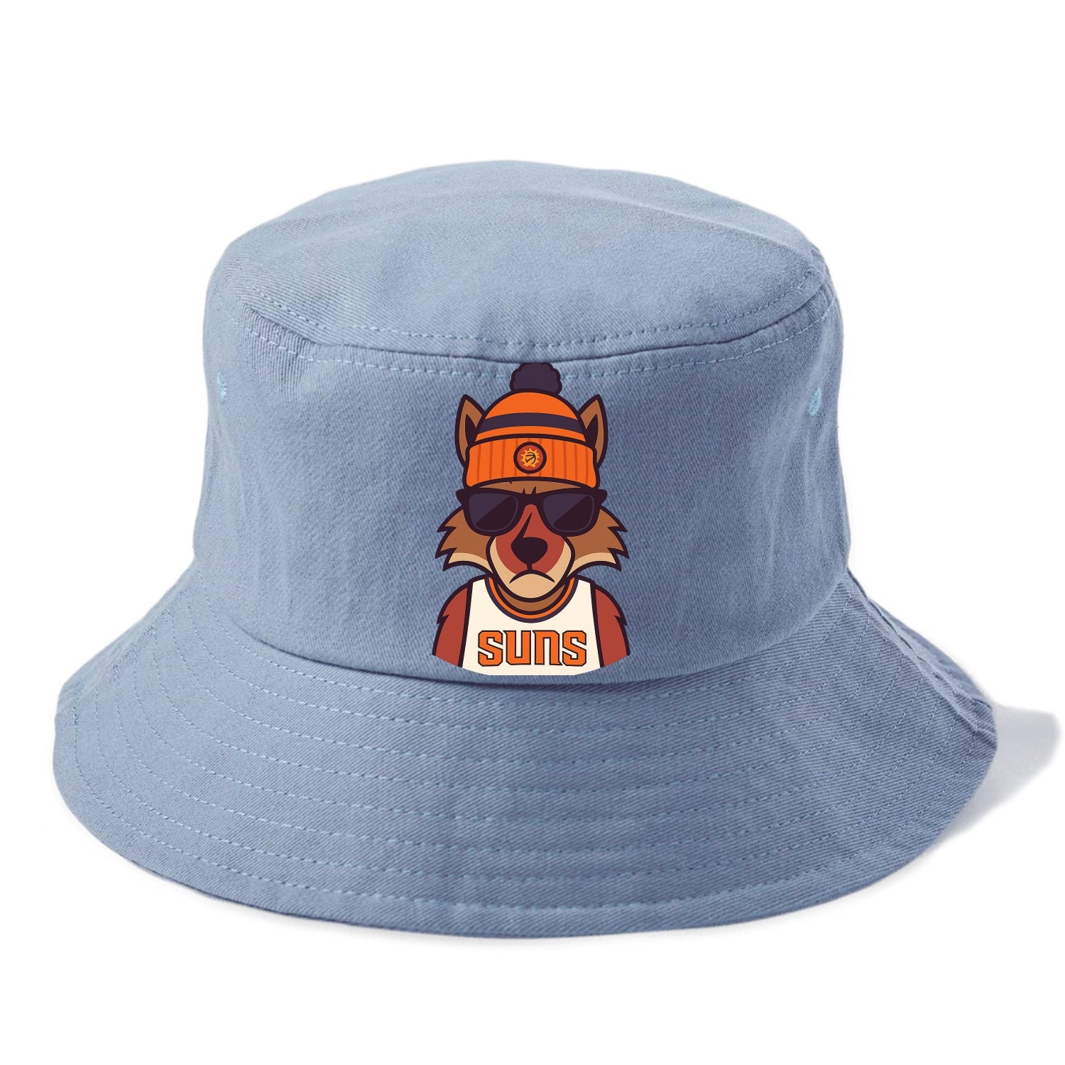 Arizona Coyote wearing Suns beanie with desert sun patch and wayfarer sunglasses - Bucket Hat - Summer Sky(Blue)